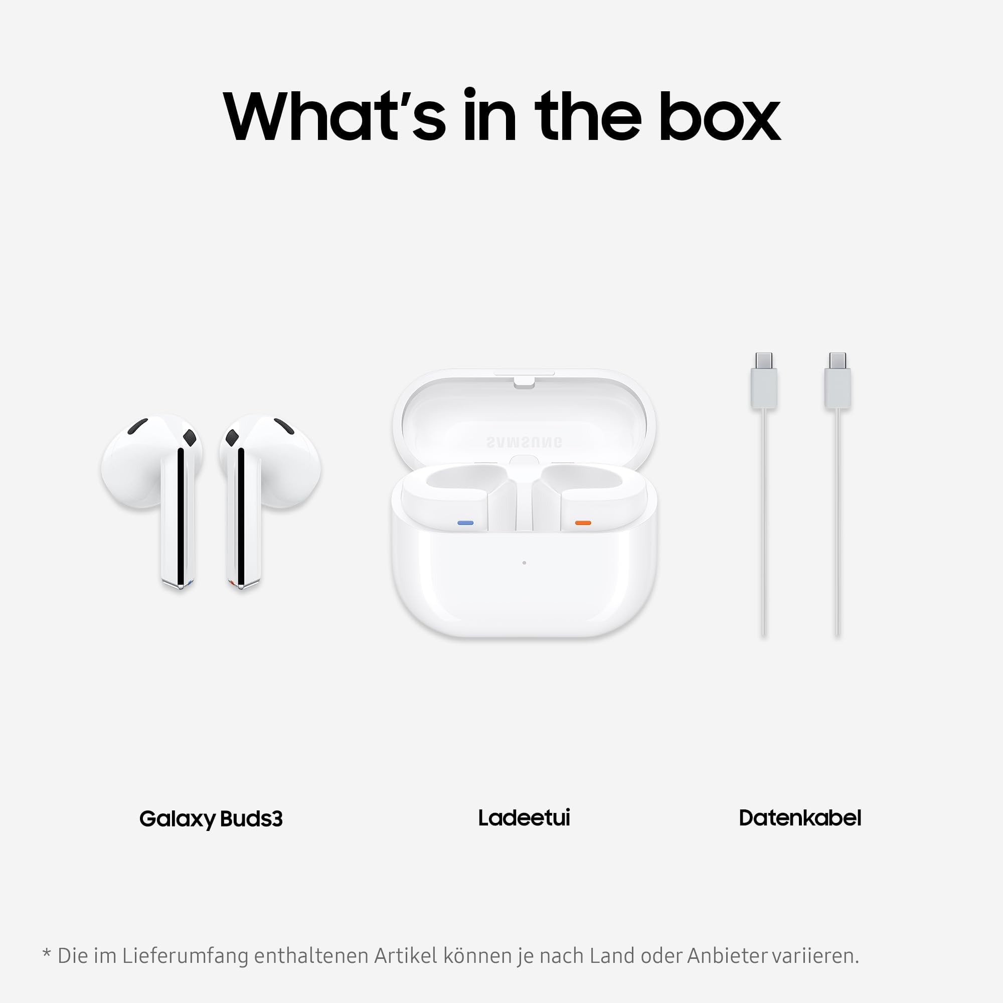 Contenuto della confezione: Galaxy Buds3, custodia di ricarica e cavo dati su sfondo bianco.