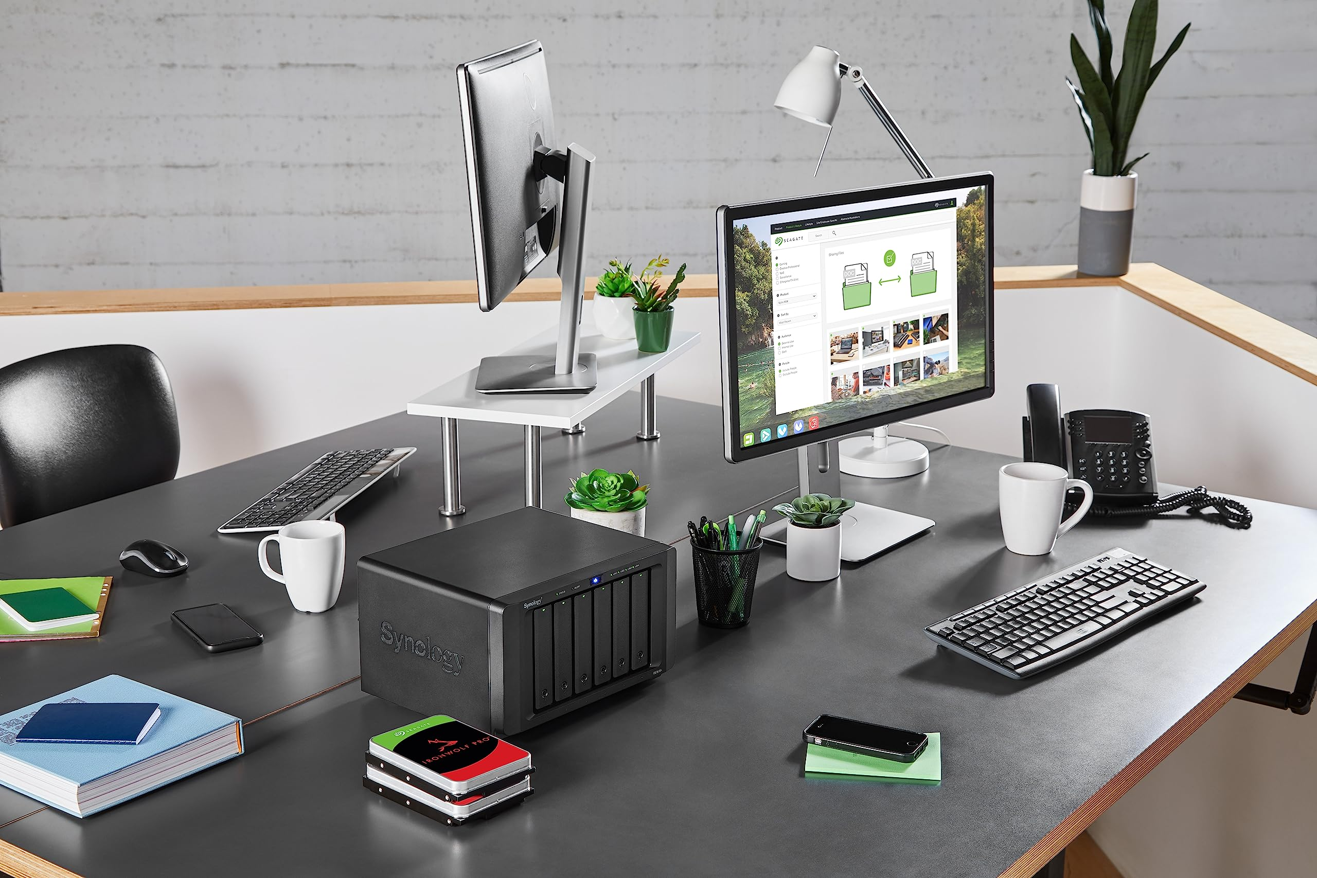 Una scrivania da ufficio con NAS Synology, monitor di computer, tastiere, cancelleria e piante.