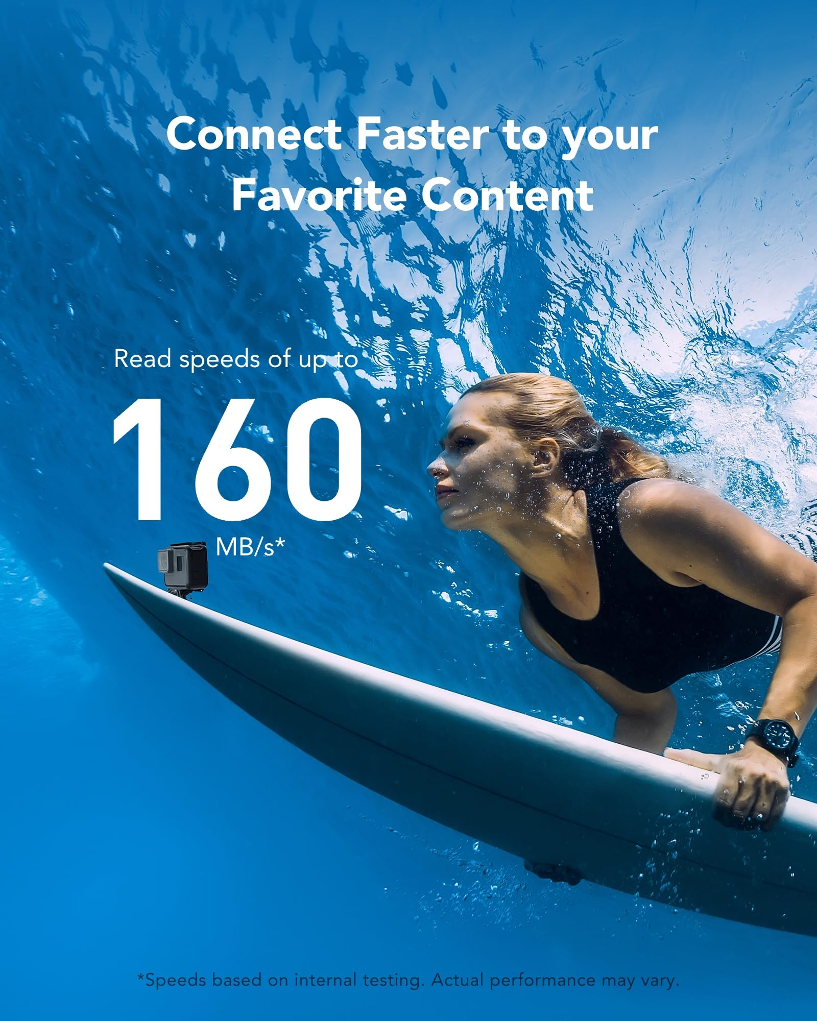 Photo sous-marine d'une surfeuse sur une planche avec texte publicitaire pour transfert rapide.