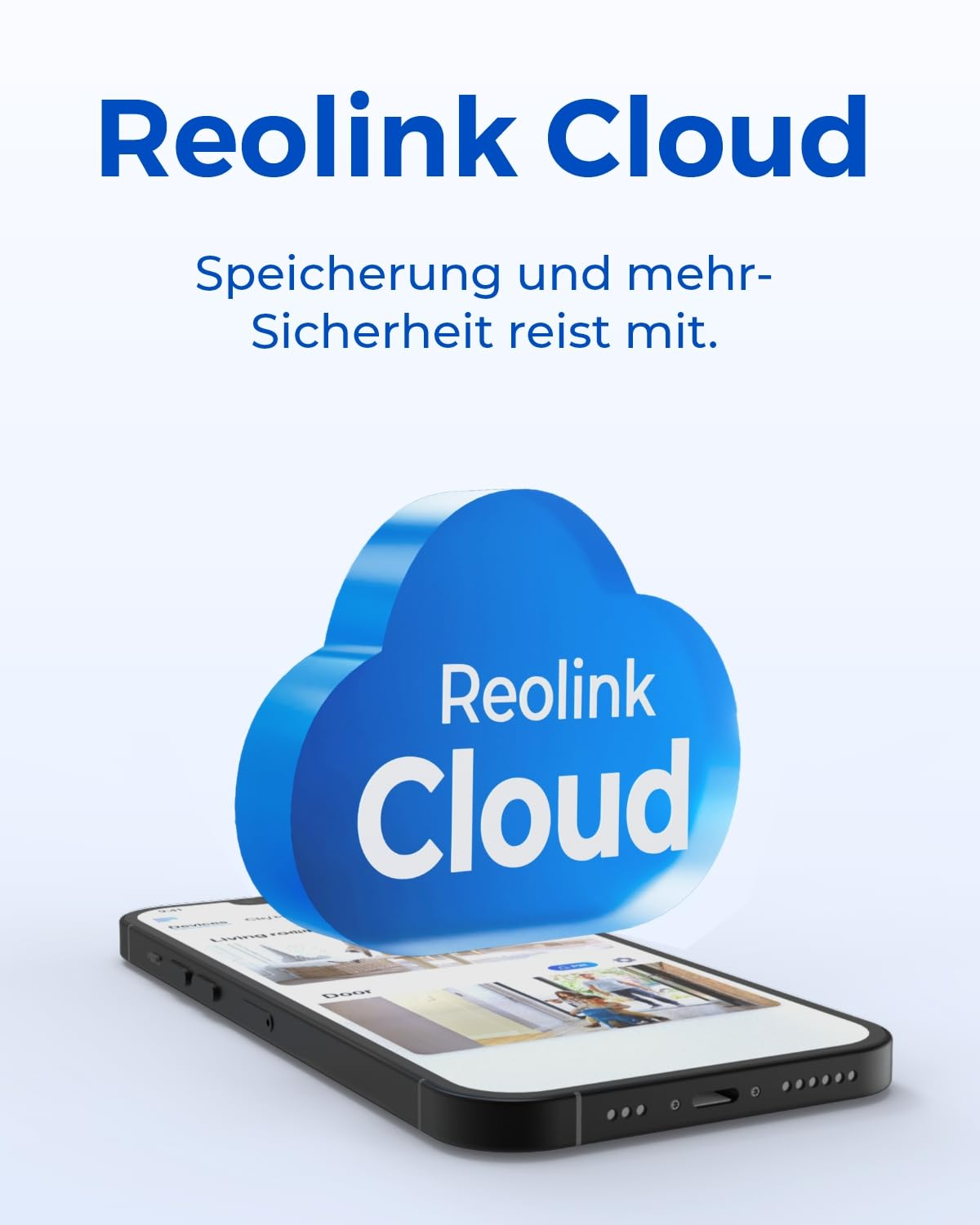 Nuvola blu Reolink Cloud fluttua sopra uno smartphone con app di sicurezza.