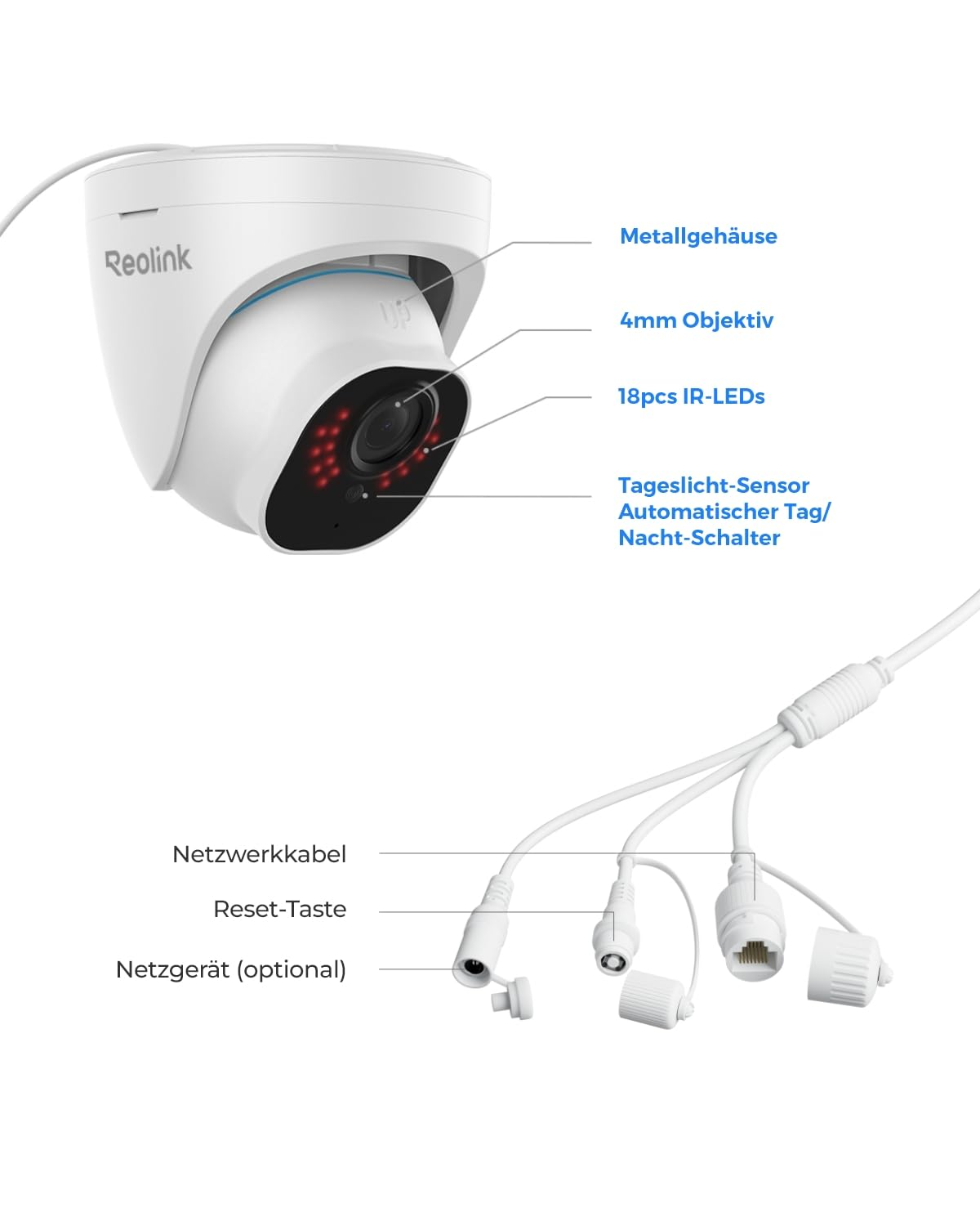 Telecamera di sicurezza Reolink bianca con parti etichettate: corpo in metallo, obiettivo, LED IR, sensore e cavi.