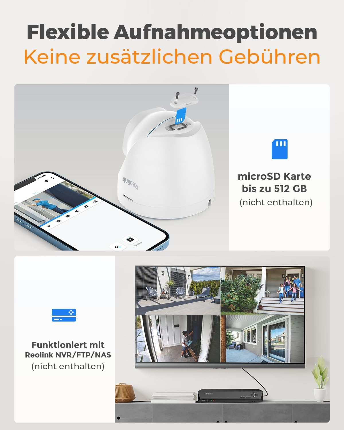 Telecamera di sicurezza con scheda SD, app e display TV.