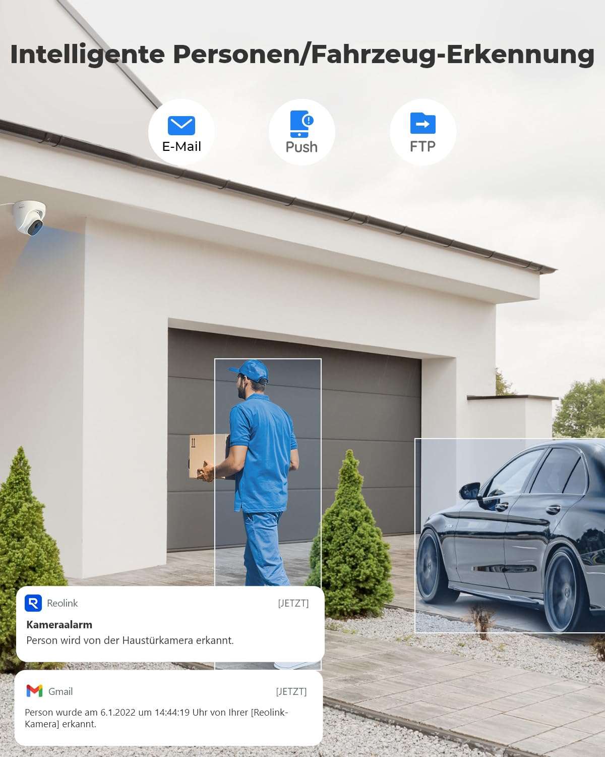 Telecamera di sicurezza rileva una persona e un'auto fuori da una casa moderna, con icone.