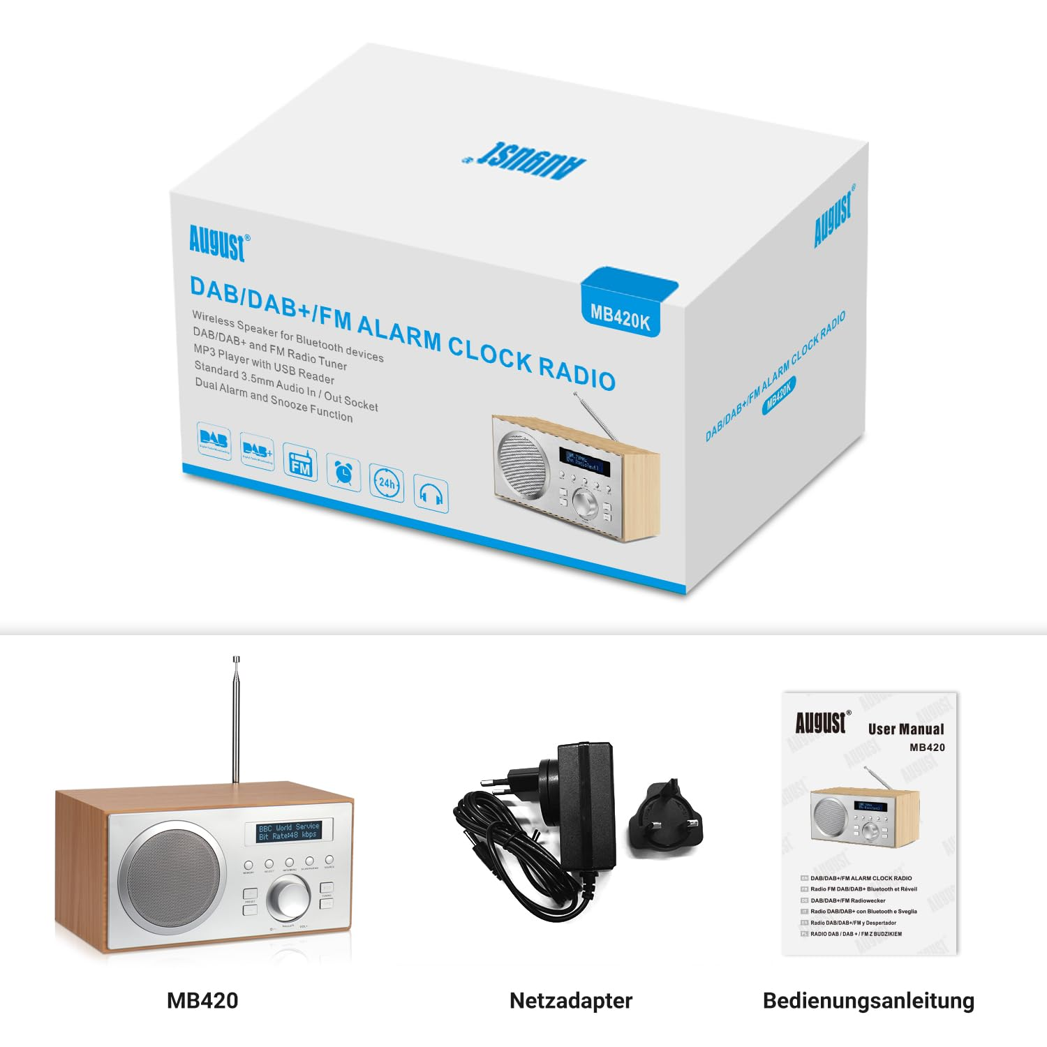 Scatola radiosveglia DAB/FM August MB420K con radio, alimentatore e manuale utente.