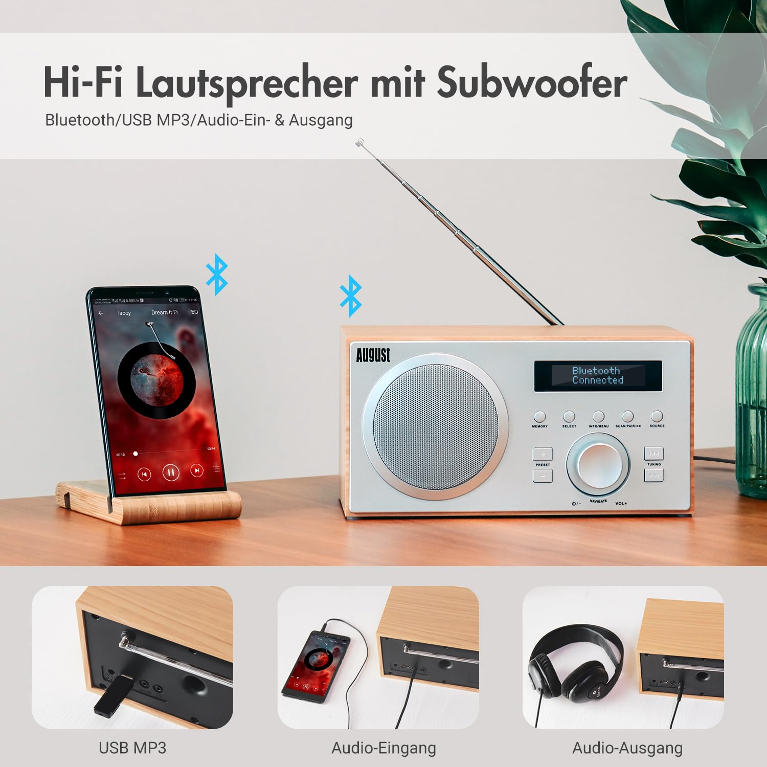 Radio in legno con display, smartphone e immagini sotto per USB, ingresso e uscita audio.