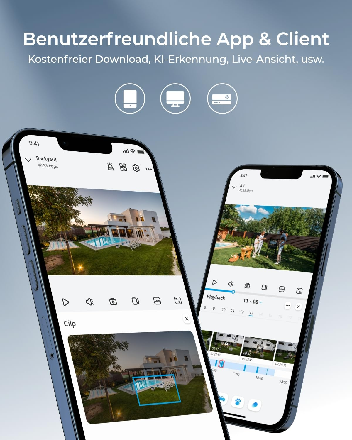 Due smartphone mostrano un'app di sicurezza con viste dal vivo di casa e giardino.
