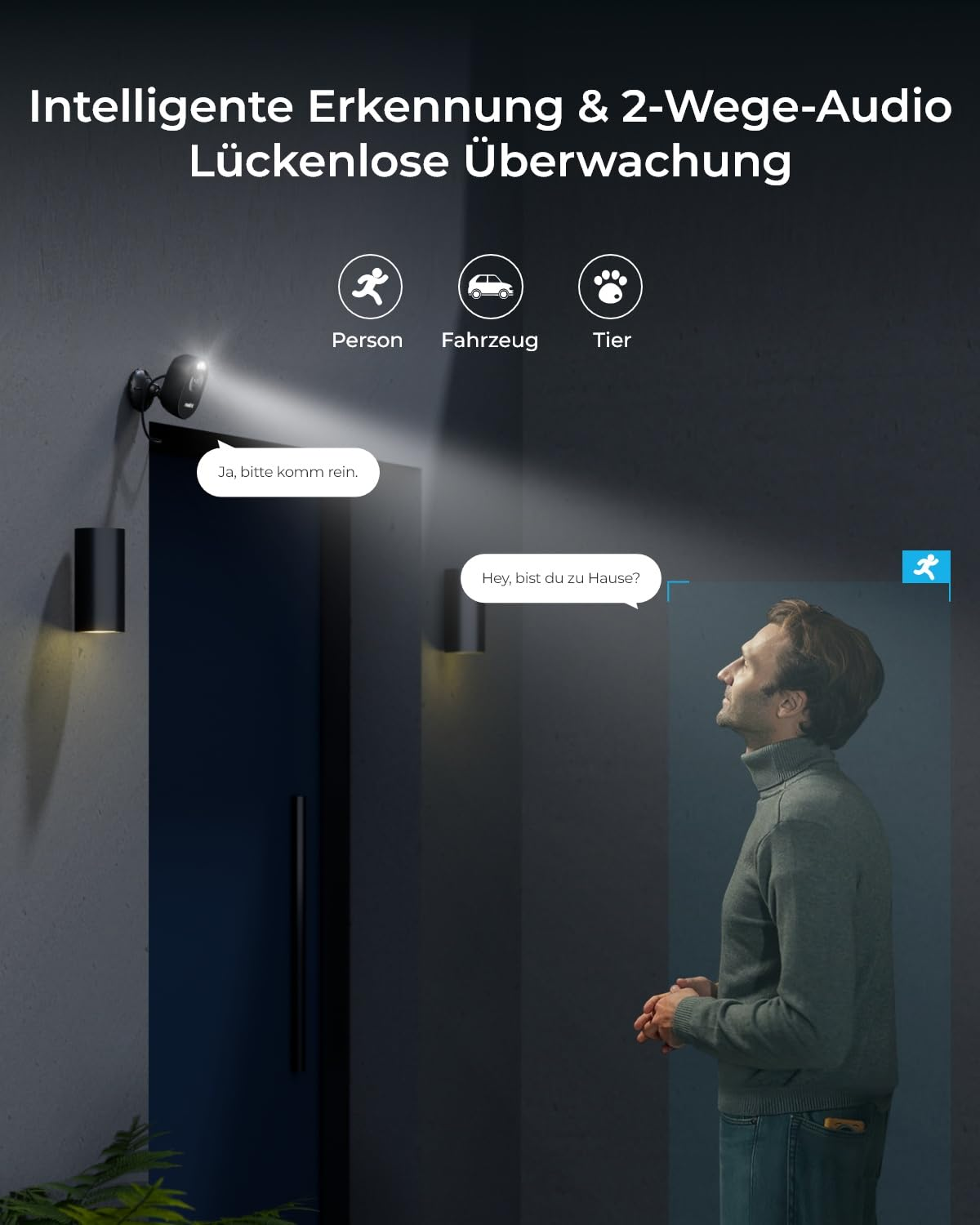 Telecamera di sicurezza illumina un uomo alla porta con fumetti e icone di rilevamento.