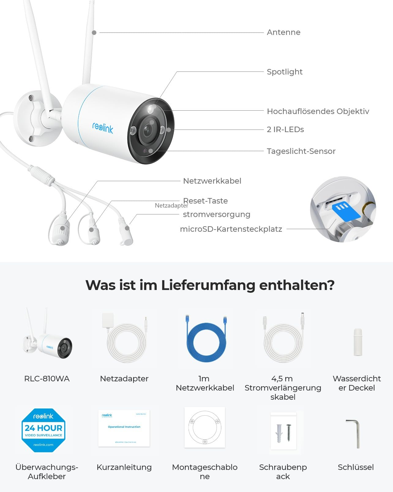 Schema di una telecamera di sicurezza Reolink con parti e accessori tra cui alimentatore e cavi.