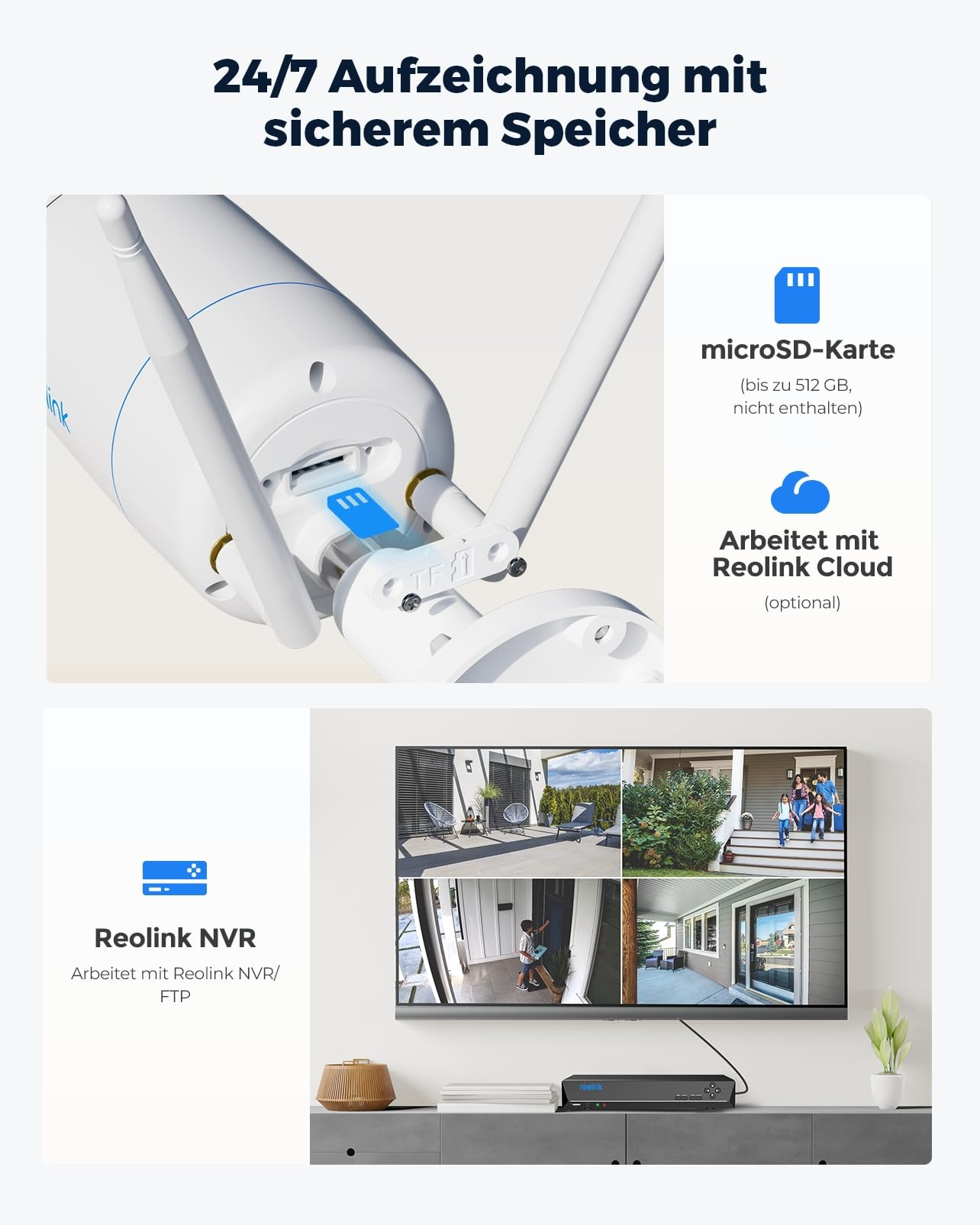 Telecamera di sorveglianza con scheda SD, opzione cloud e supporto NVR per archiviazione sicura.