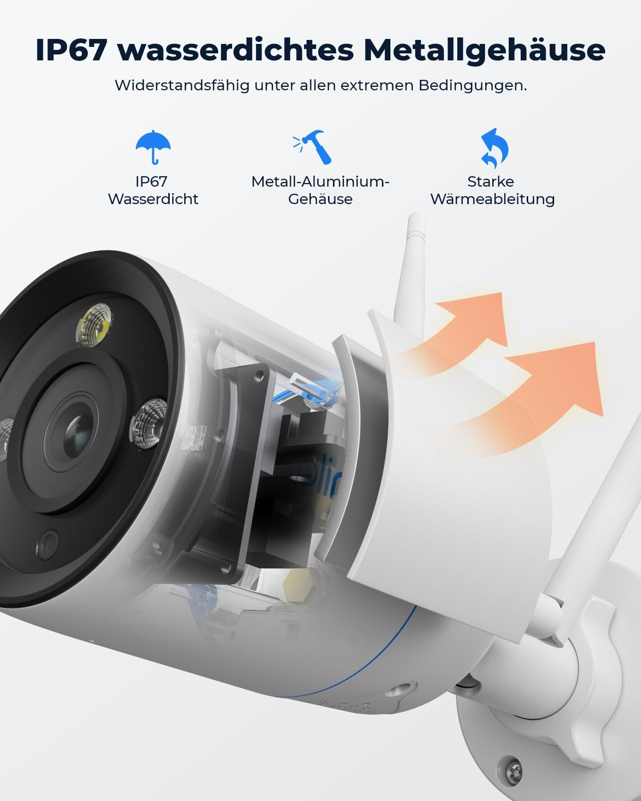 Telecamera di sicurezza IP67 con custodia in alluminio e dissipazione termica.