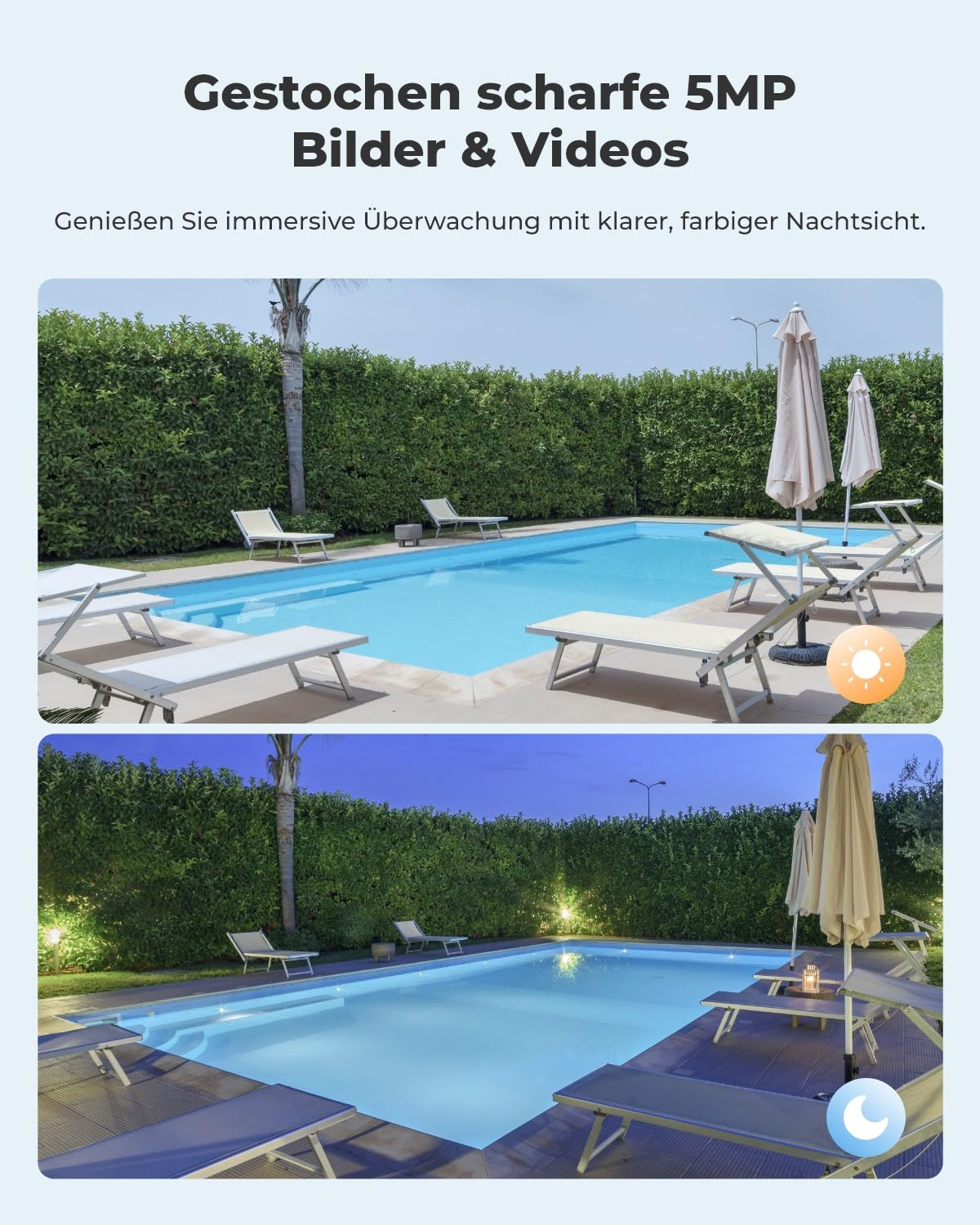 Confronto di foto di piscina di giorno e visione notturna a colori con telecamera da 5MP.