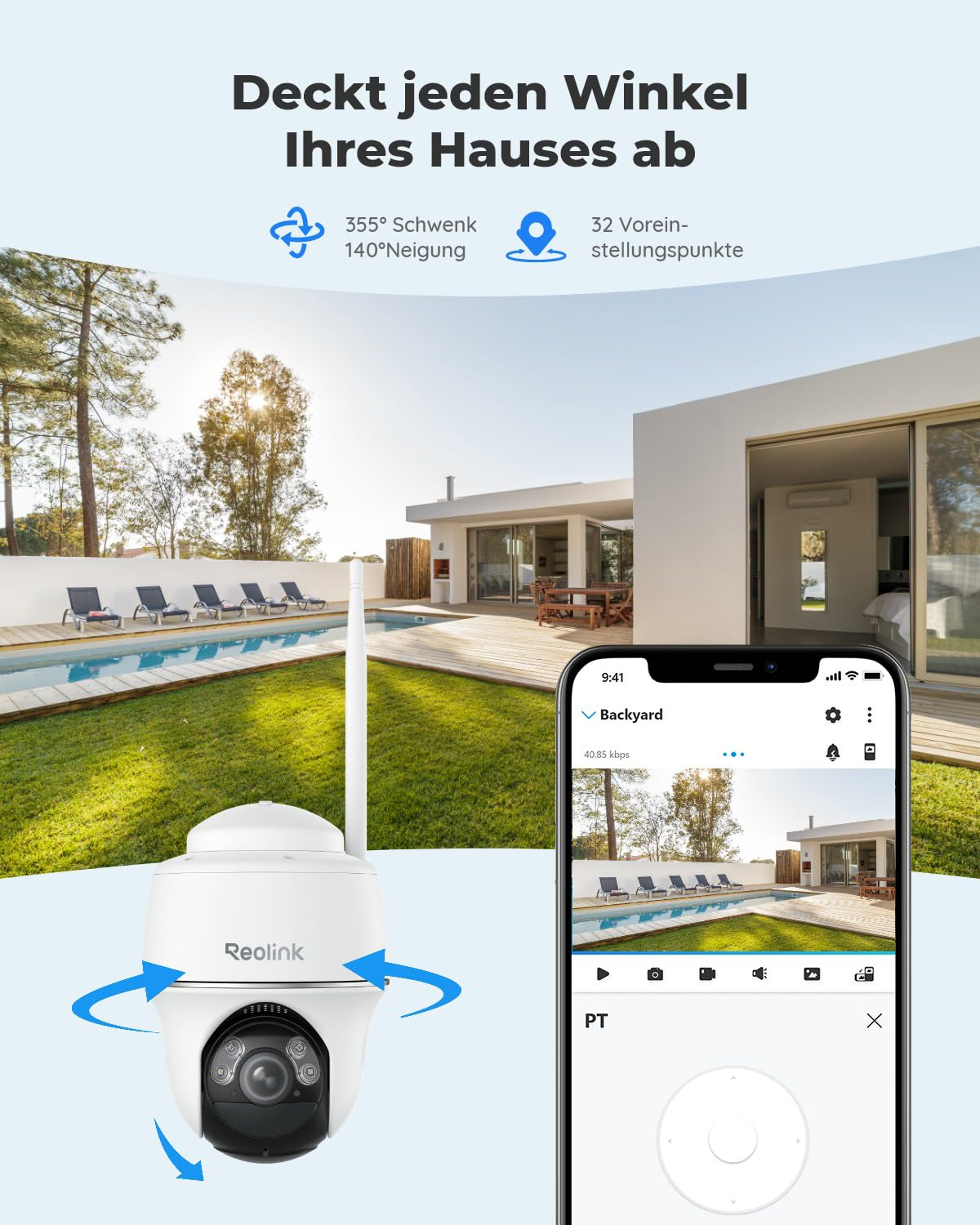 Una telecamera di sicurezza Reolink PTZ accanto a uno smartphone che mostra il feed in diretta del giardino.