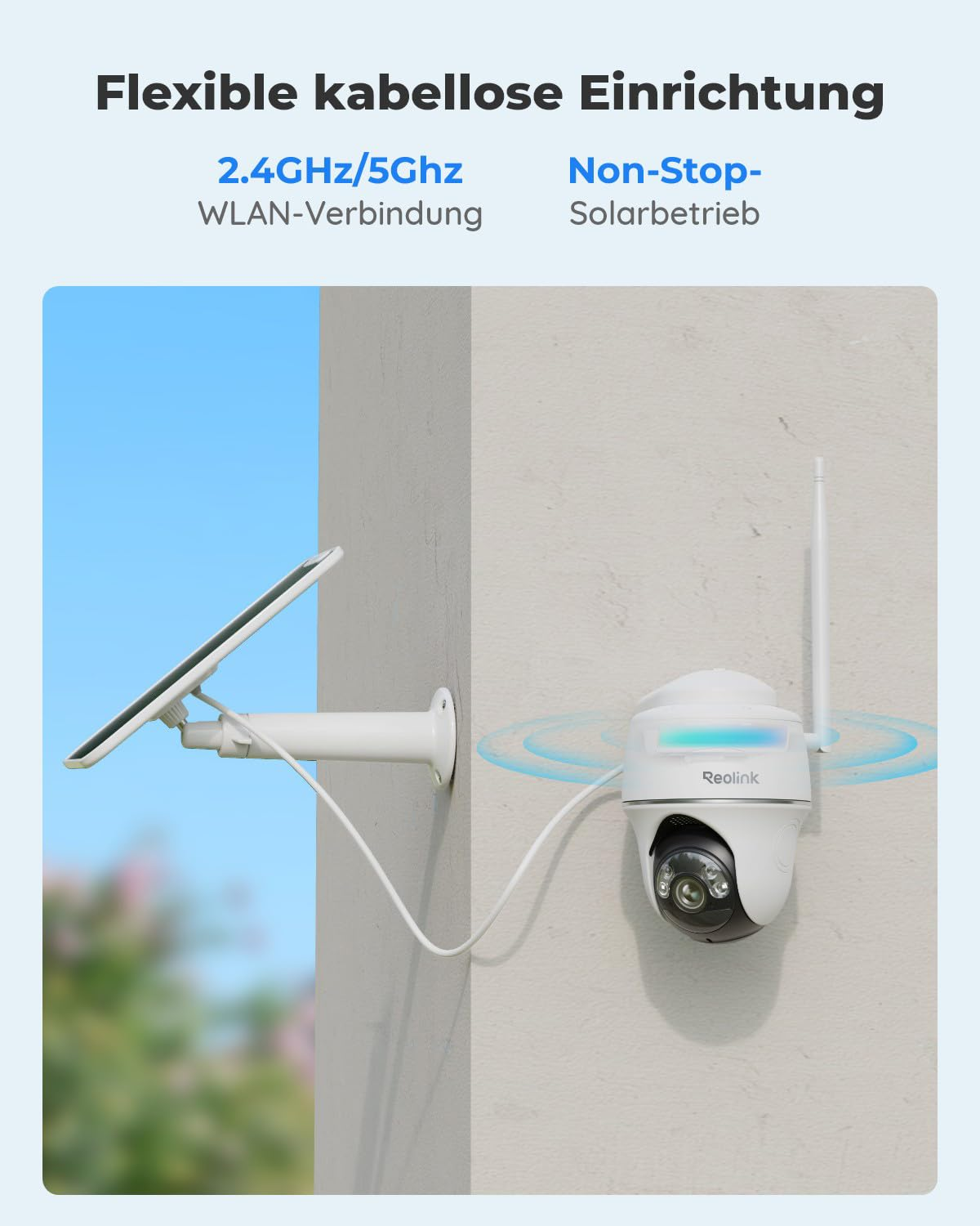 Una telecamera di sicurezza bianca con pannello solare e Wi-Fi su una parete.