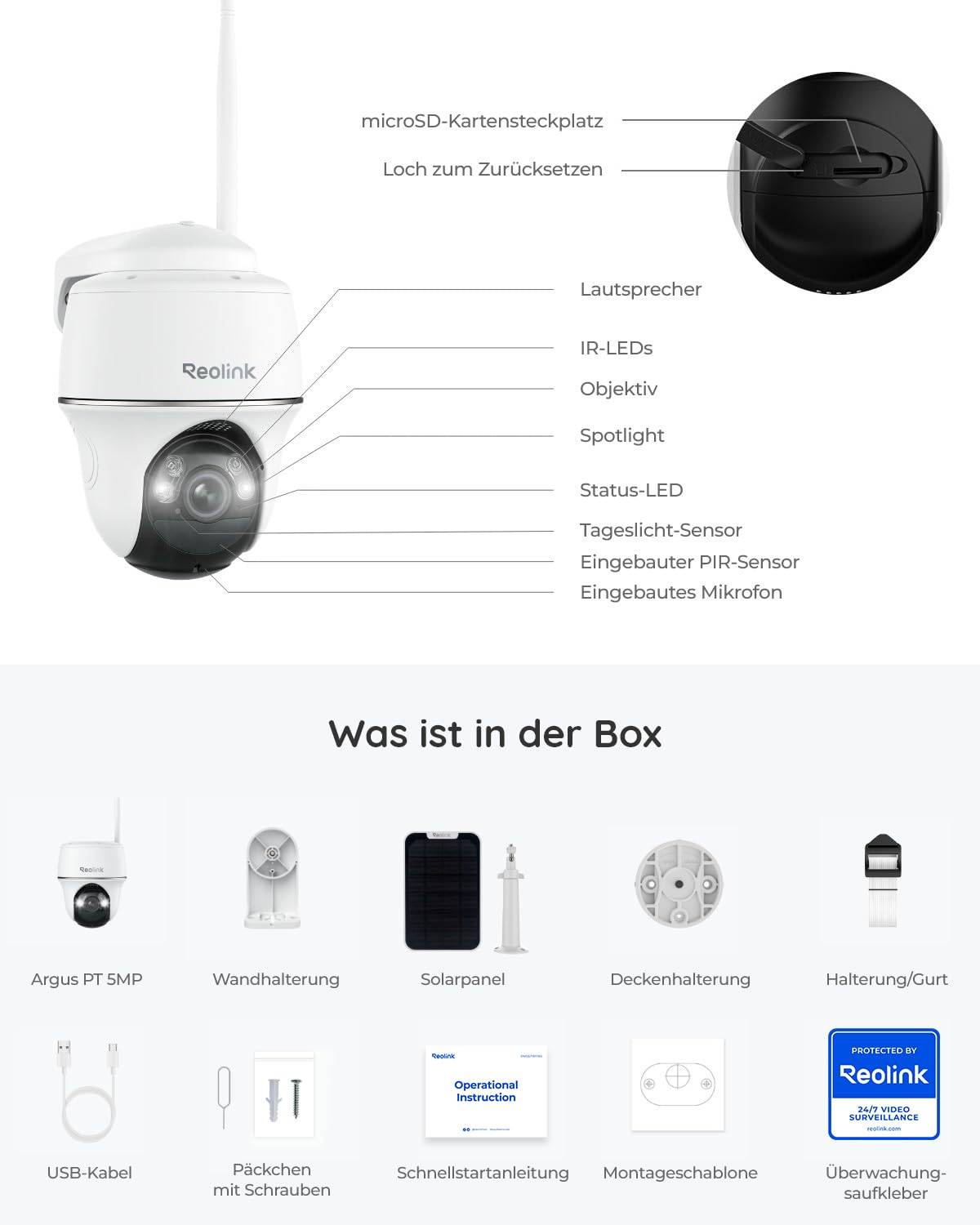 Schema di una telecamera di sicurezza Reolink con parti etichettate e accessori.