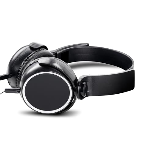 Cuffie on-ear nere con un anello bianco sui padiglioni su sfondo bianco.
