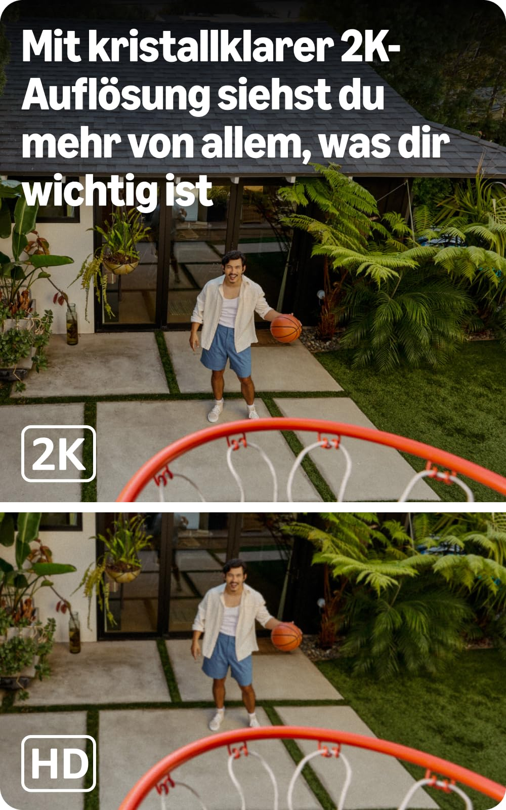Un uomo con un pallone da basket si trova in un cortile; le immagini di confronto mostrano risoluzione 2K e HD.