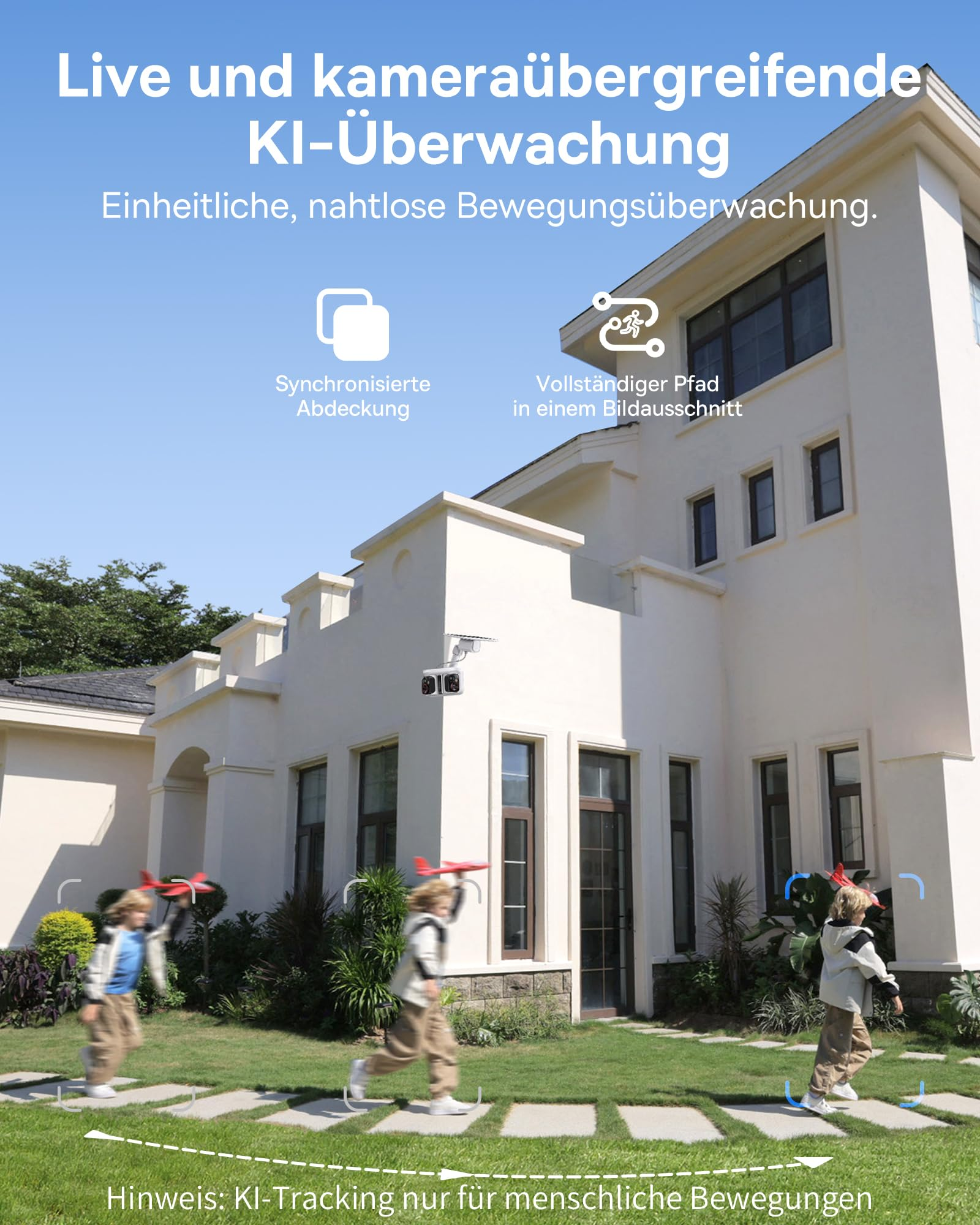Un bambino corre sul prato davanti a una casa bianca, monitorato da una telecamera di sicurezza con intelligenza artificiale.