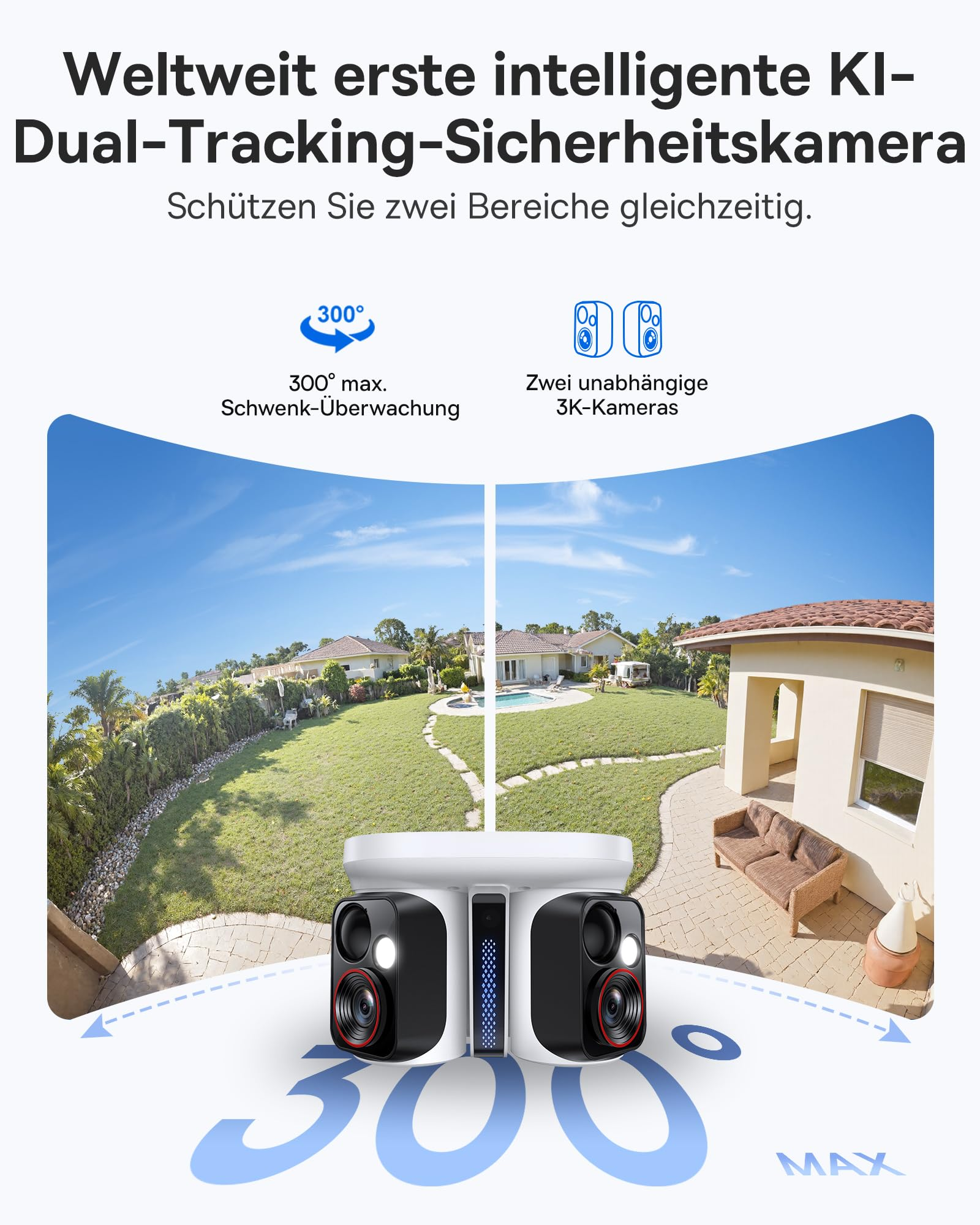Una telecamera di sicurezza intelligente a doppio tracciamento mostra due viste diverse di un giardino con piscina.