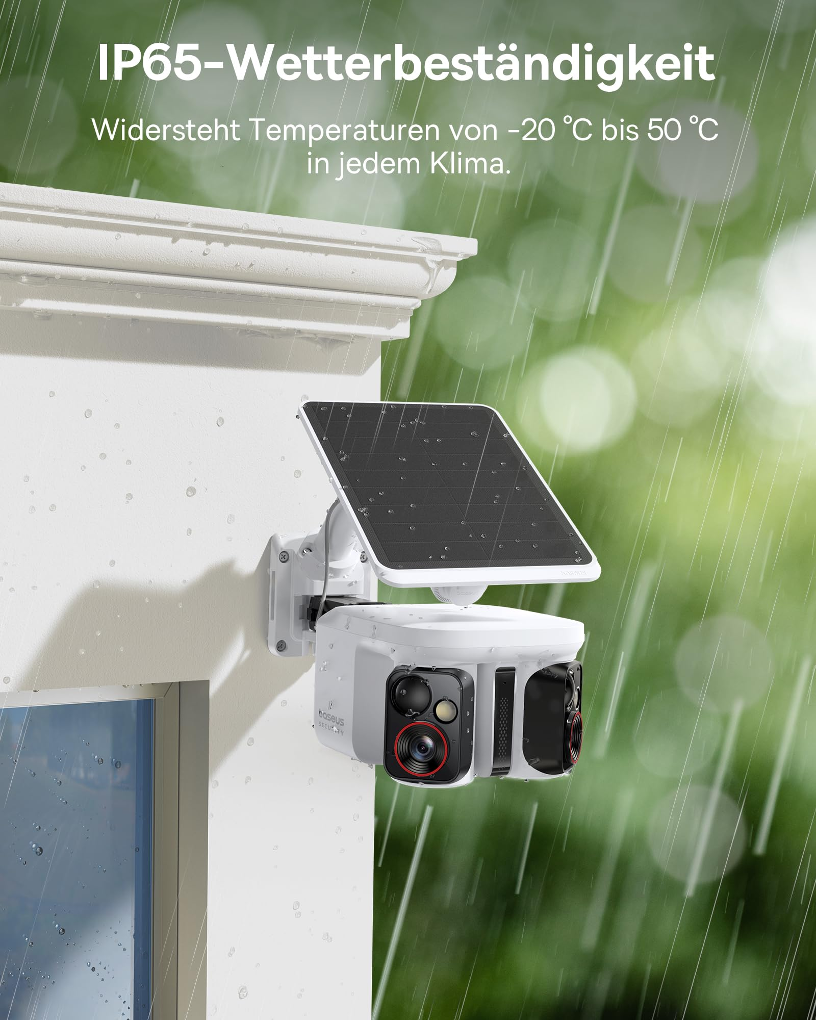 Telecamera di sicurezza resistente alle intemperie con pannello solare su muro bianco.