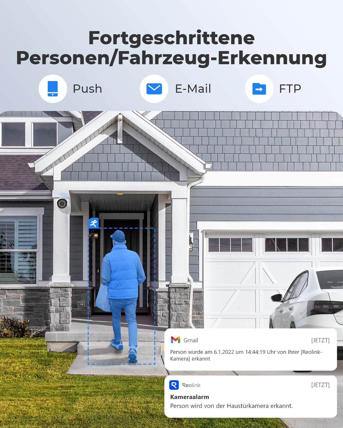 Un corriere cammina verso l'ingresso di una casa mentre le notifiche dello smartphone mostrano il rilevamento.