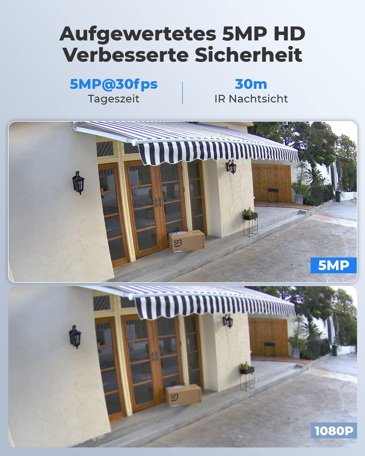 Confronto di due immagini di telecamera a 5MP e 1080P davanti a una casa con un pacco sui gradini.