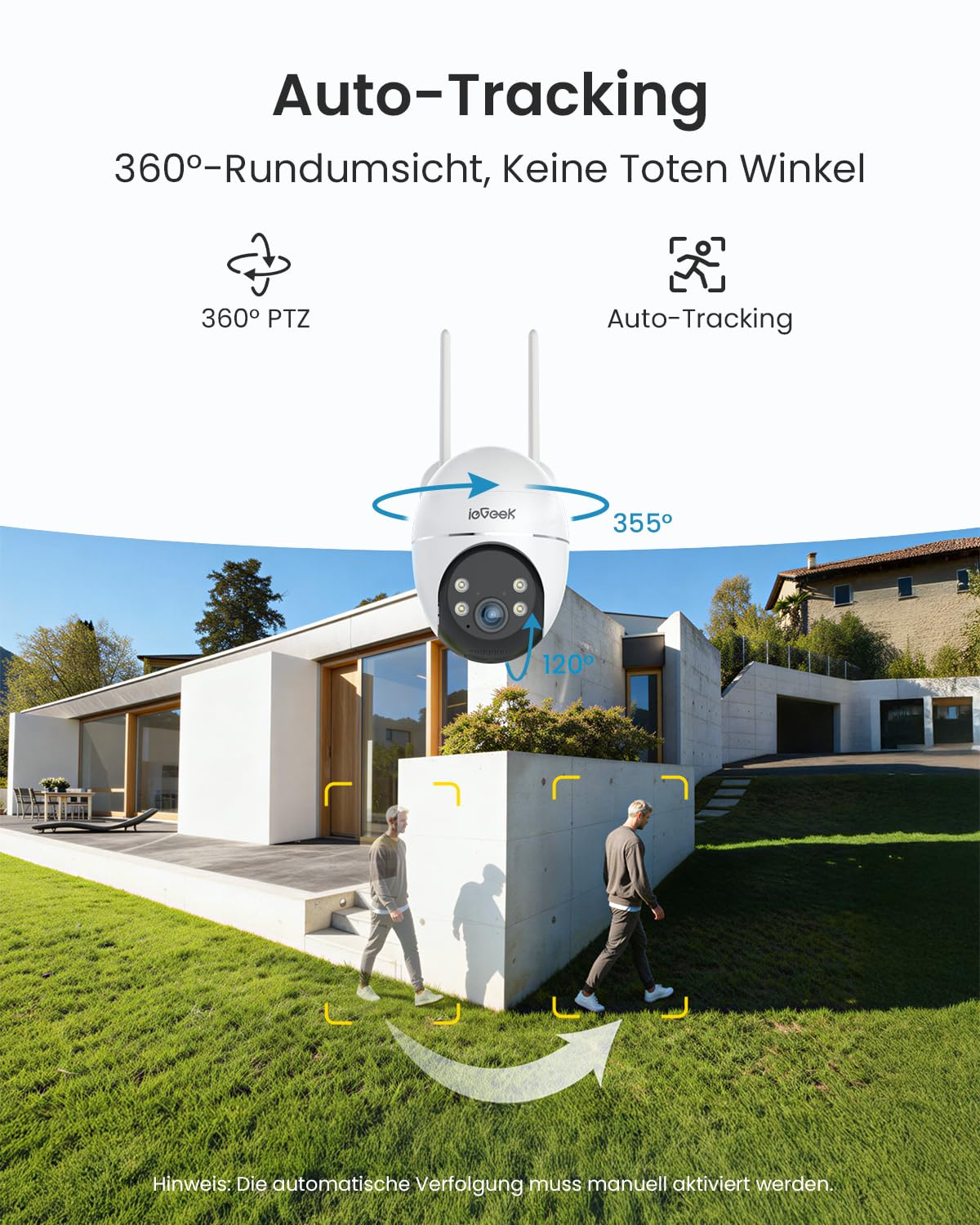 Telecamera di sicurezza con tracciamento automatico a 360 gradi davanti a una casa moderna.