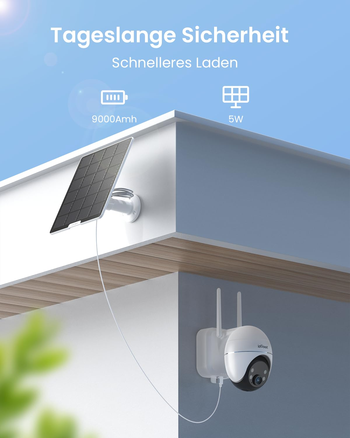 Telecamera di sicurezza con pannello solare installata su una parete, con testo sulla sicurezza.