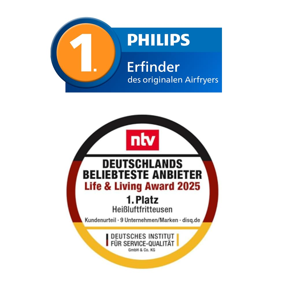 Logo Philips con nota sull'inventore dell'airfryer e stemma ntv come fornitore più popolare in Germania.