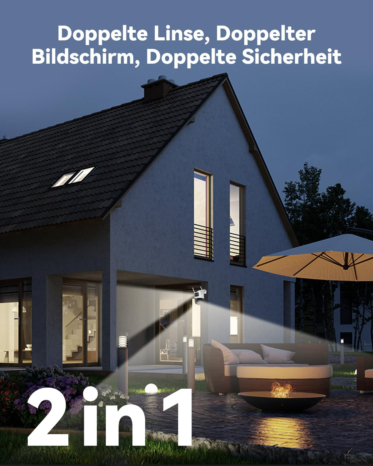 Haus mit Garten, Terrasse und einer Sicherheitskamera, die den Hof beleuchtet.