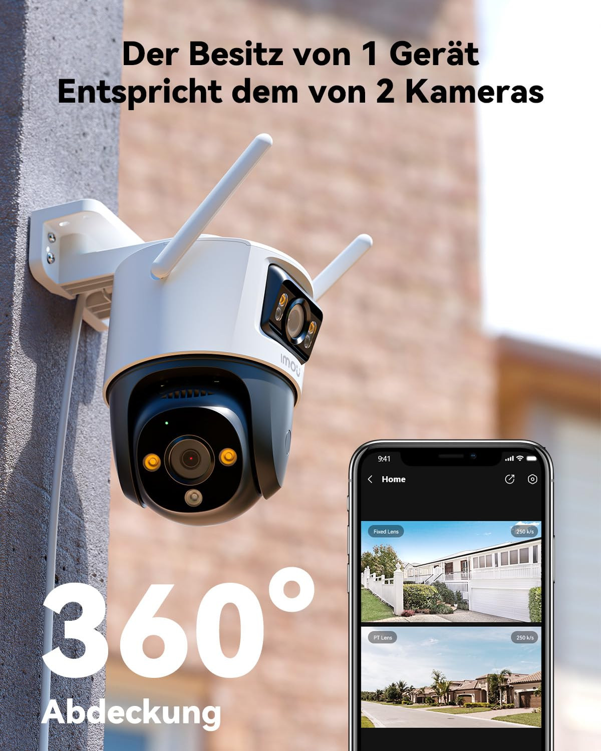 Wandmontierte Überwachungskamera mit zwei Objektiven, Antennen und Smartphone-Steuerung.