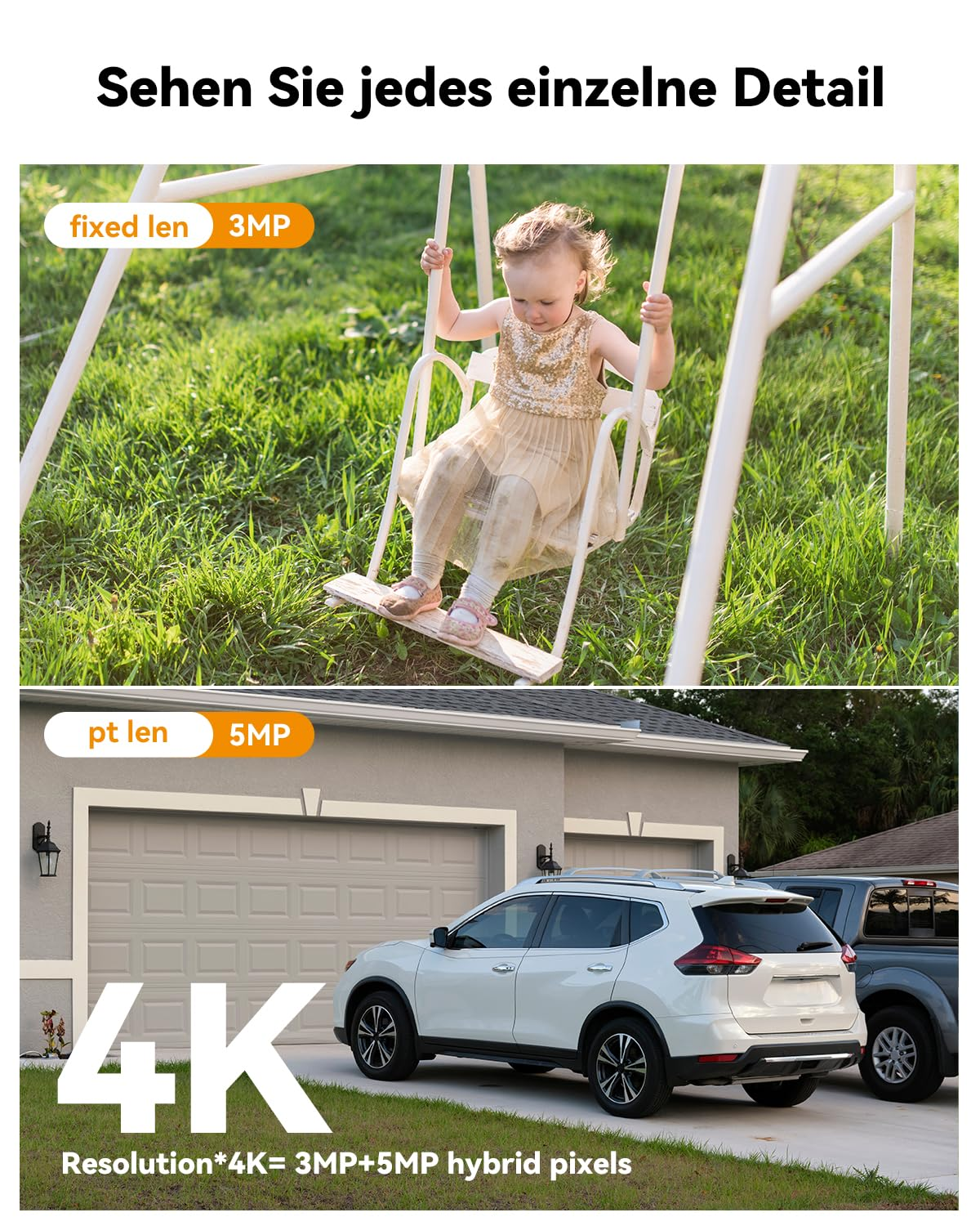 Vergleichsbilder: Oben ein Kind auf einer Schaukel im Gras, unten zwei Autos vor einer Garage mit 4K-Auflösung.