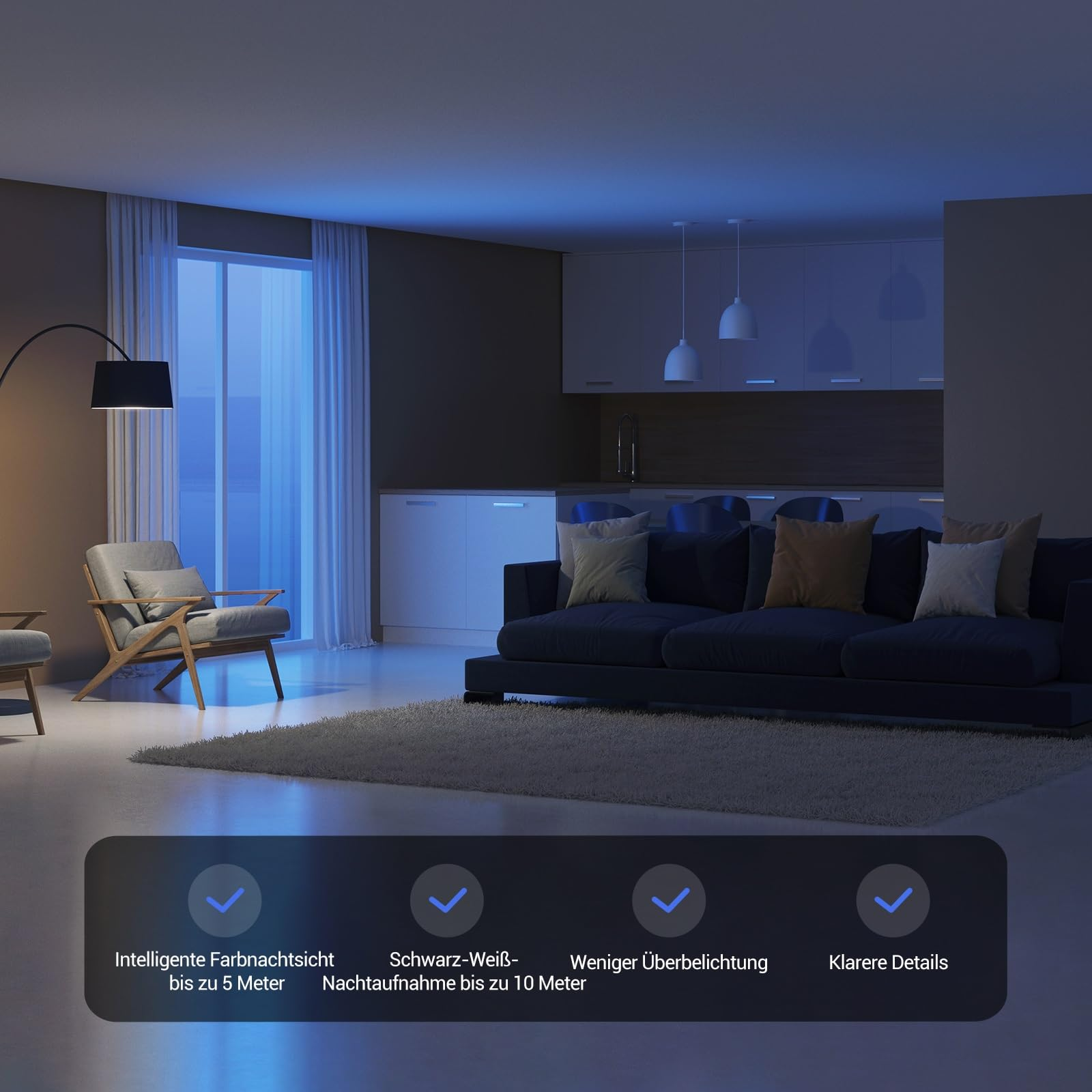 Scène de salon de nuit avec canapé, fauteuil et barre d'interface inférieure avec quatre icônes bleues.