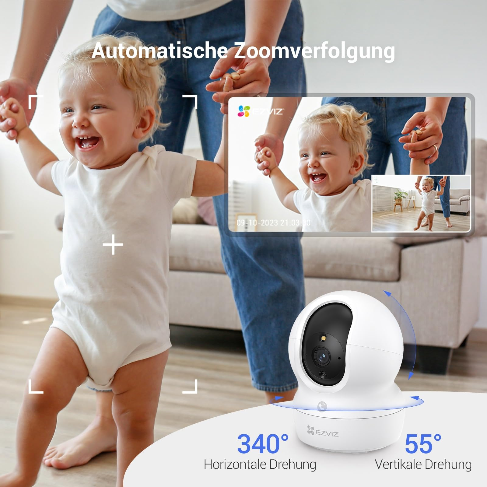 Une caméra de sécurité blanche montre un tout-petit apprenant à marcher.