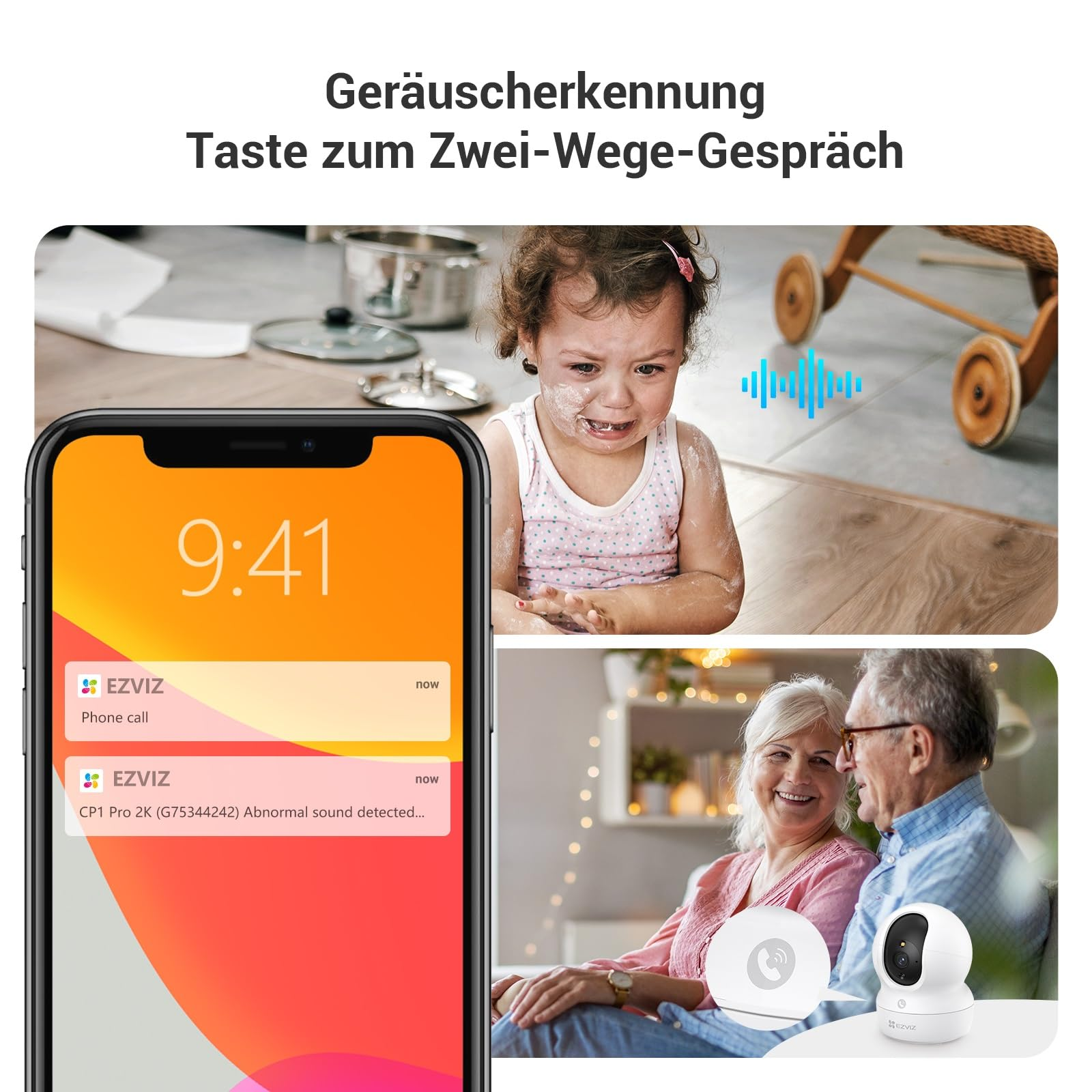 Un smartphone affiche une alerte sonore EZVIZ avec un enfant qui pleure et des adultes âgés.