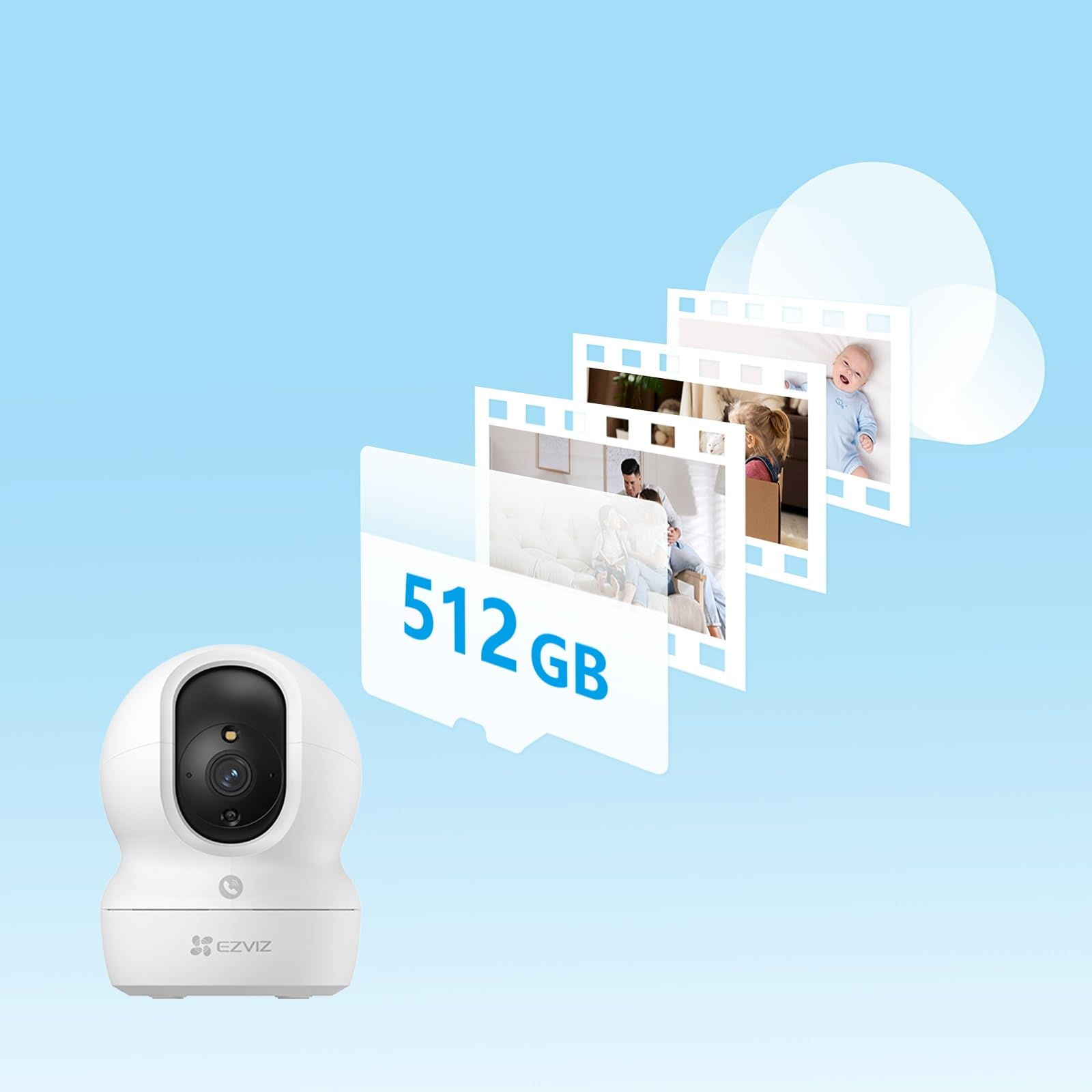 Une caméra de sécurité blanche avec une carte mémoire de 512 Go et des bandes photo sur fond bleu.