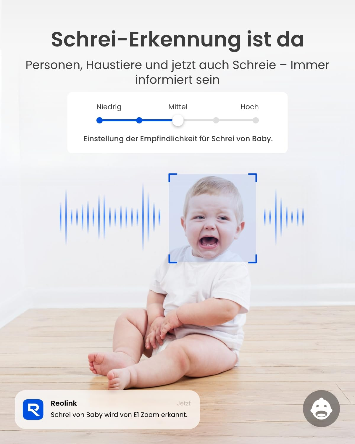 Un bambino che piange su pavimento in legno con grafico d'onda sonora e interfaccia dell'app Reolink.