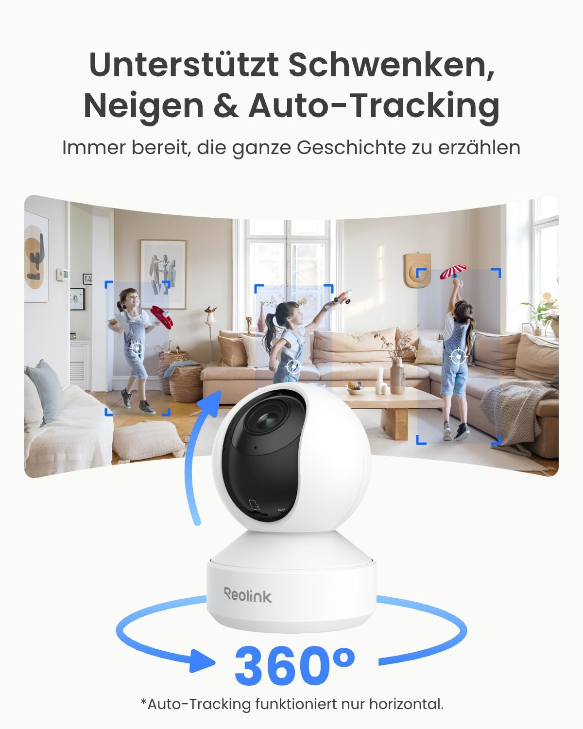 Una telecamera di sicurezza Reolink bianca con rotazione a 360 gradi che segue un bambino in salotto.