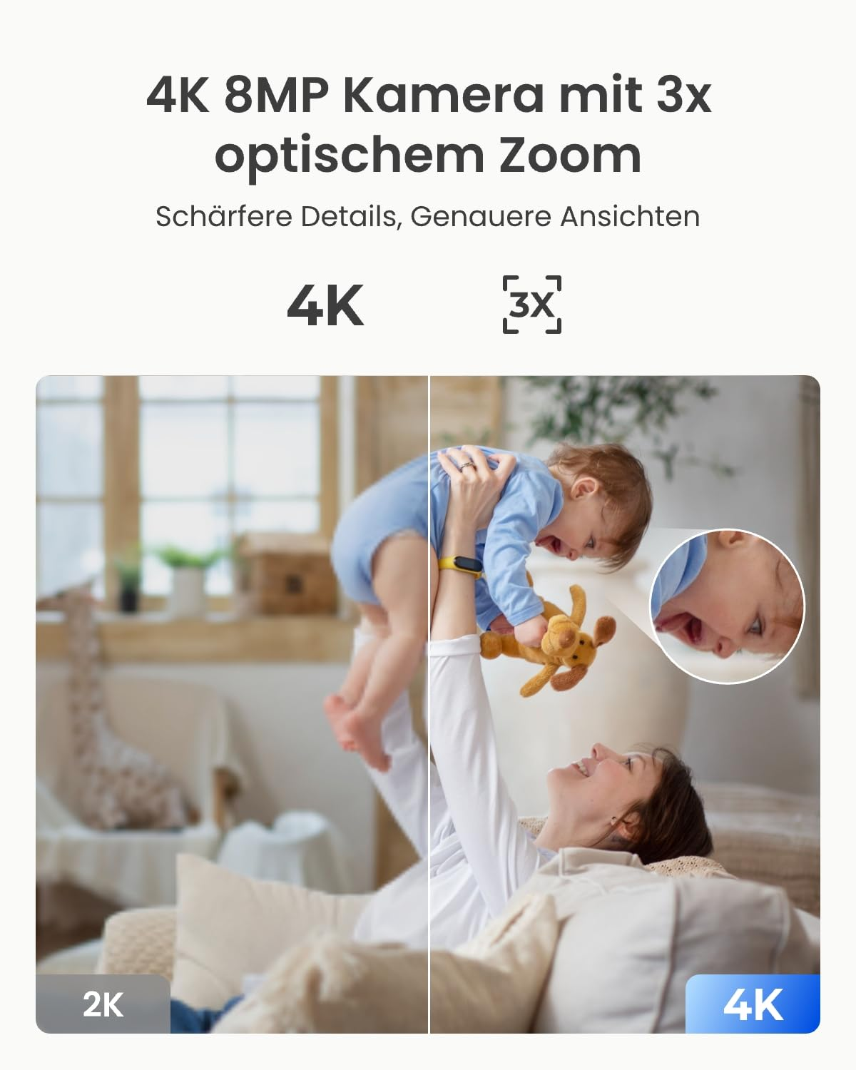 Confronto: a sinistra 2K e a destra fotocamera 4K più nitida con zoom 3x mostra una madre che solleva un bambino.