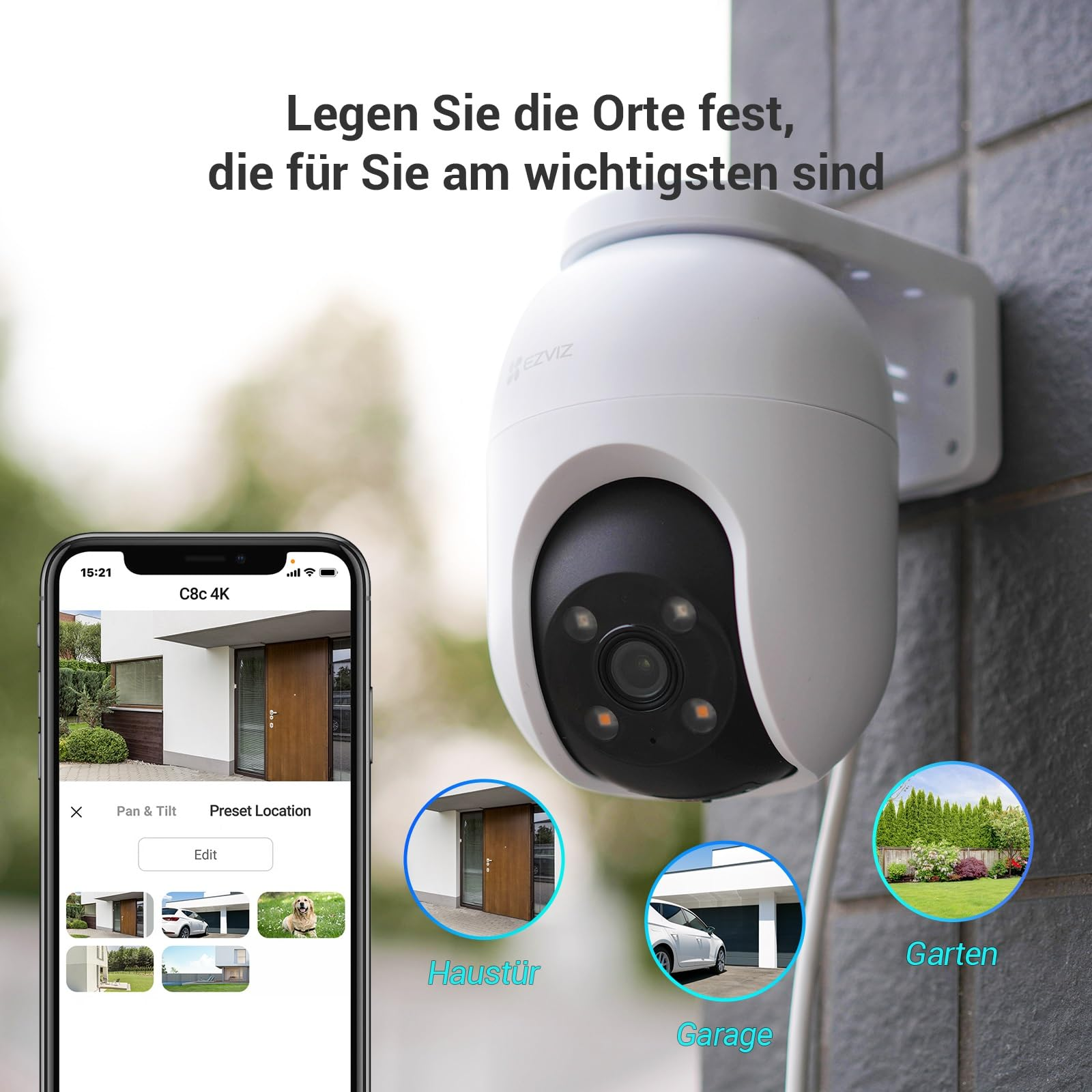 Telecamera di sicurezza bianca a muro con app per smartphone che mostra posizioni preimpostate come porta, garage e giardino.