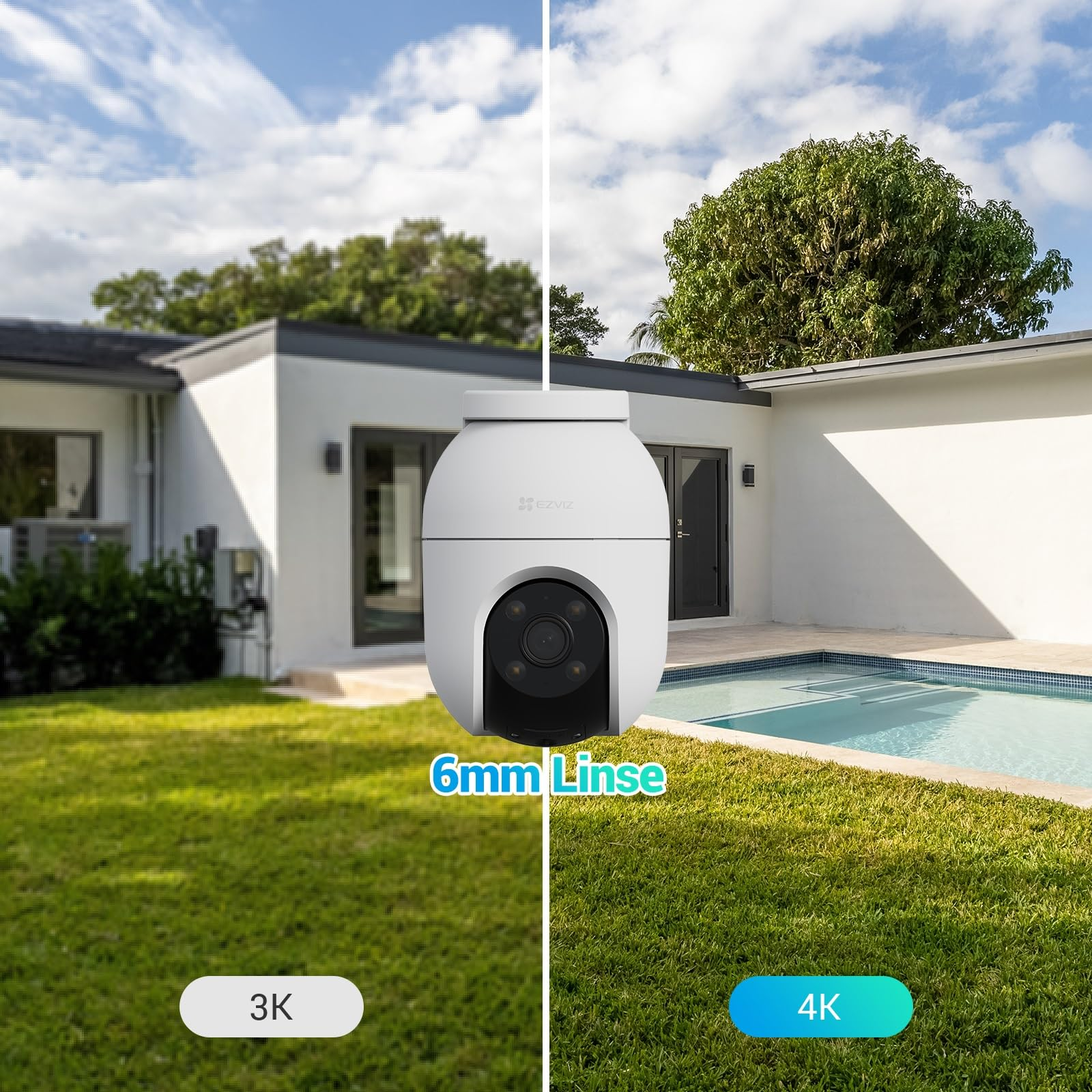Confronto di due immagini di telecamere con risoluzione 3K e 4K davanti a una casa con piscina.