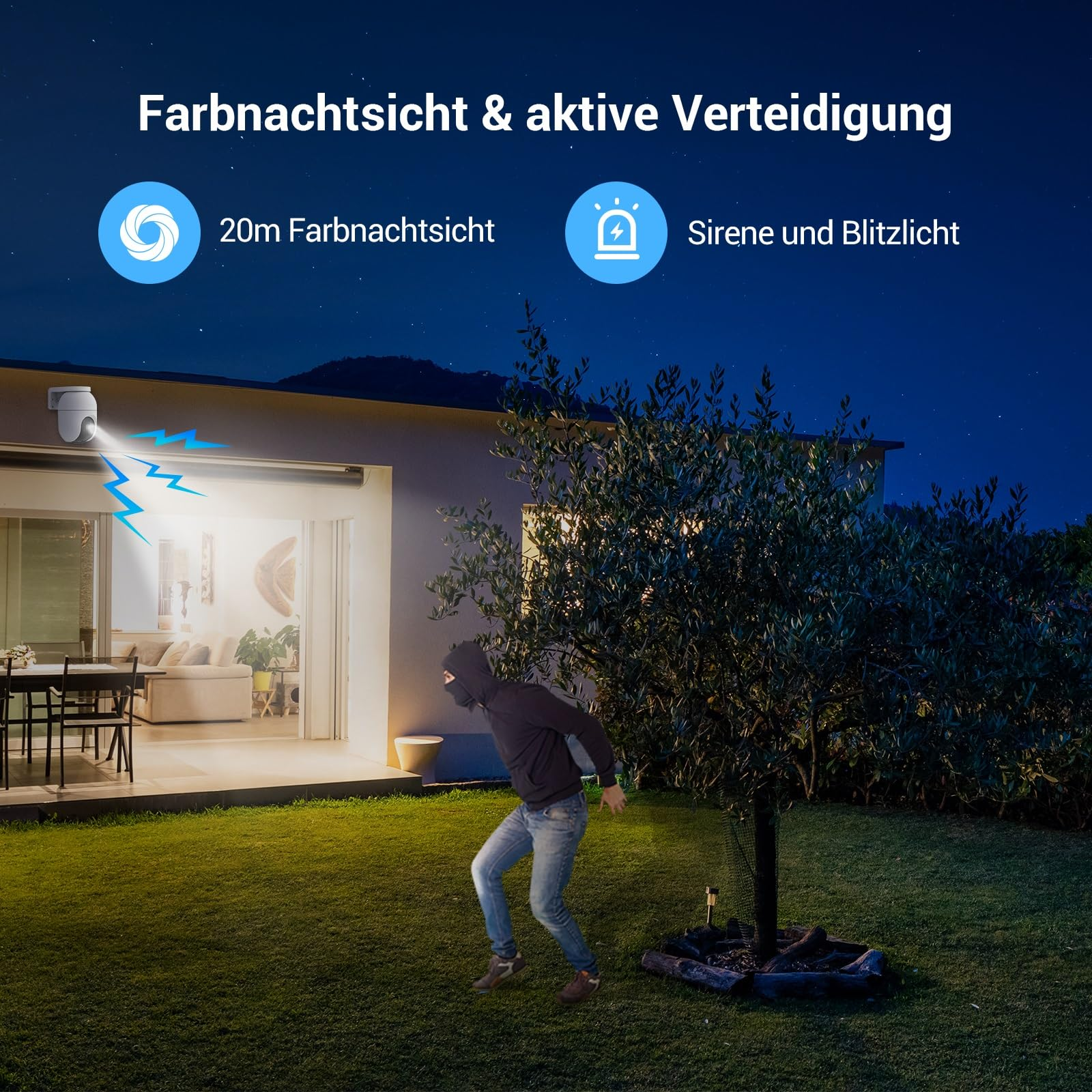 Una telecamera di sicurezza illumina il giardino di notte, individuando un intruso vicino a un albero.
