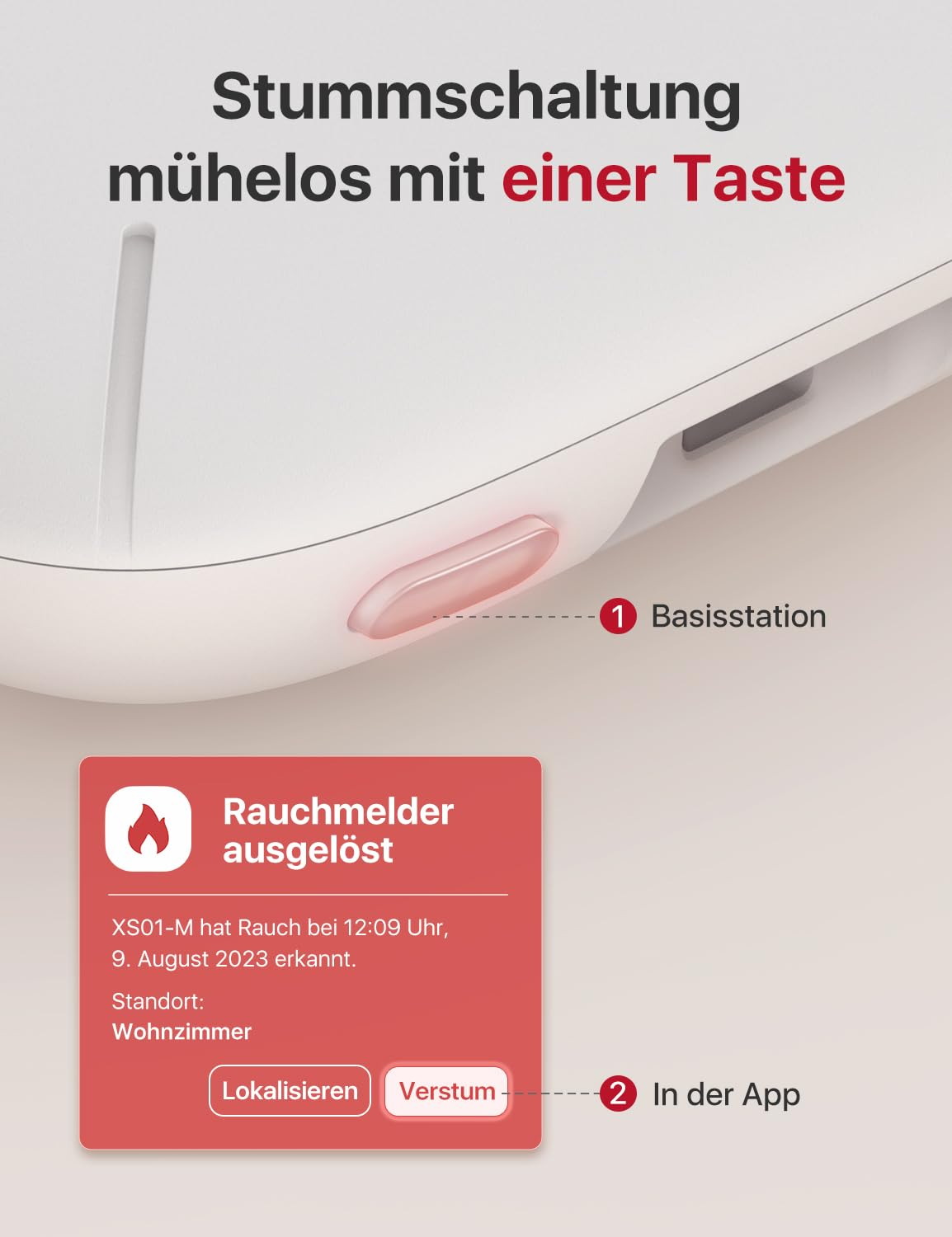 Primo piano di un dispositivo bianco con tasto muto rosso e notifica app di allarme fumo.