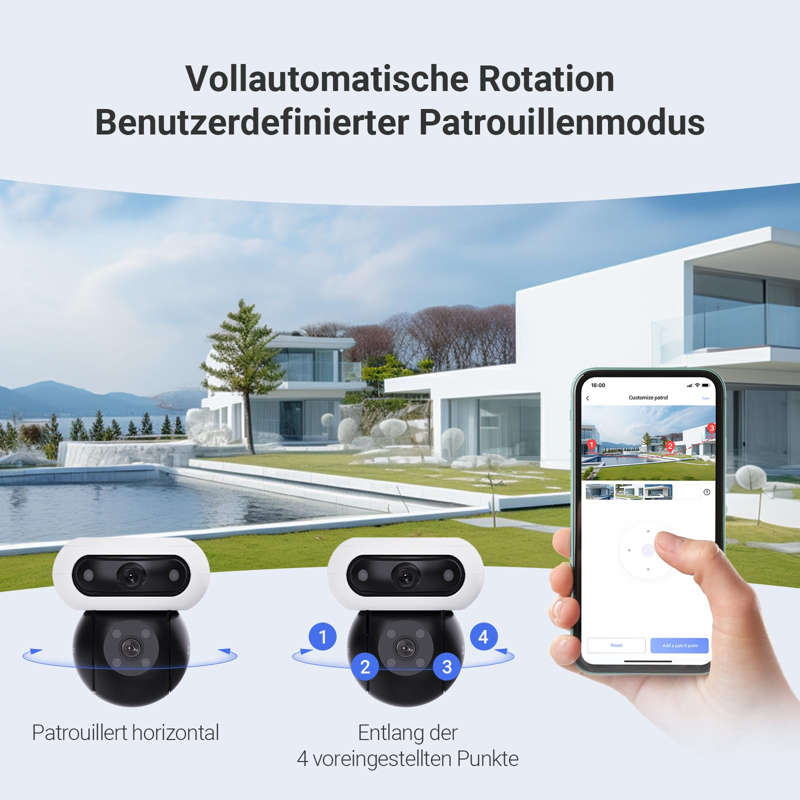 Telecamera di sicurezza con rotazione automatica e controllo app davanti a una villa.