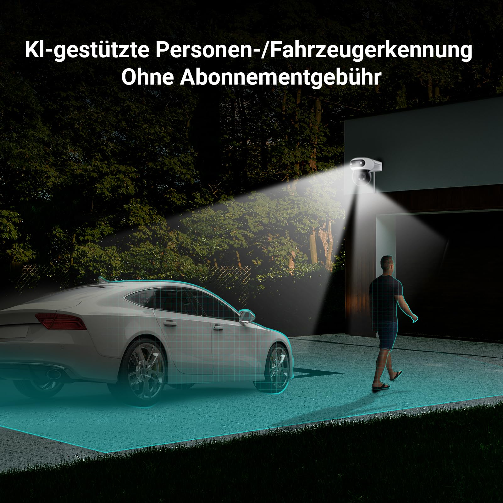 Telecamera di sicurezza illumina auto e persona davanti a un garage di notte.