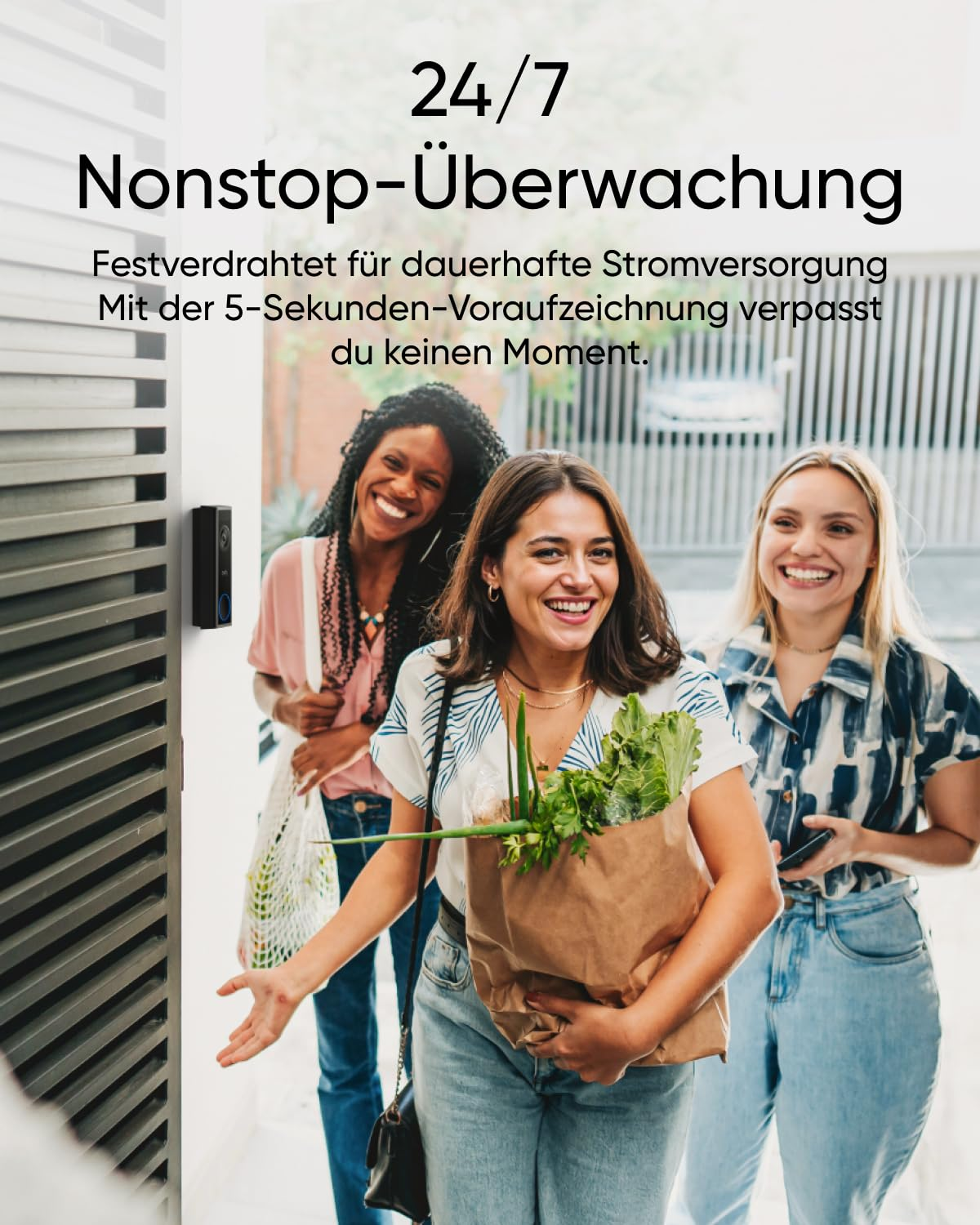 Drei lächelnde Frauen mit Einkäufen betreten eine Tür, neben einer Videotürklingel an der Wand.