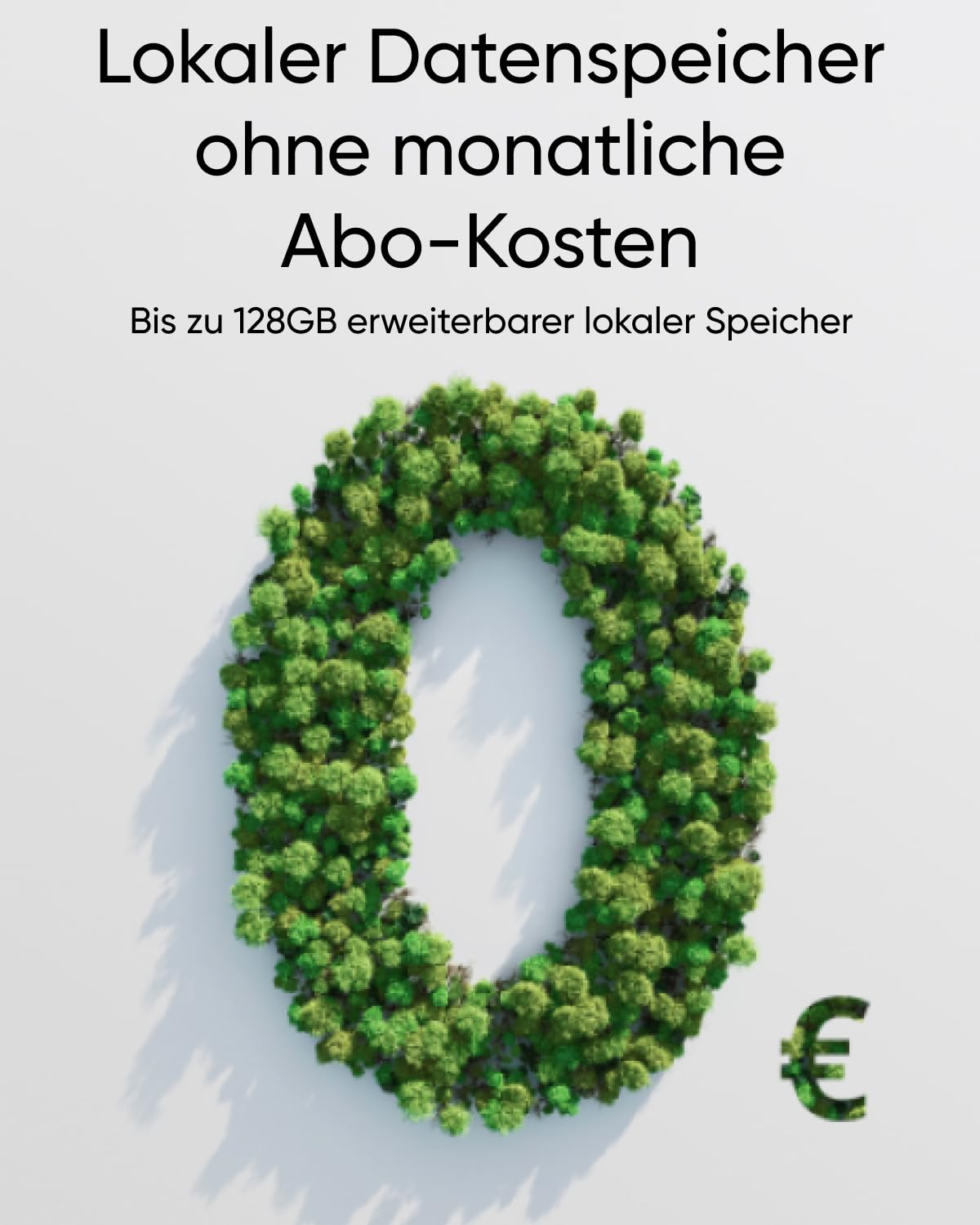 Ein großes grünes Blätter-Symbol in Form einer Null mit Euro-Zeichen, darüber deutscher Werbetext.