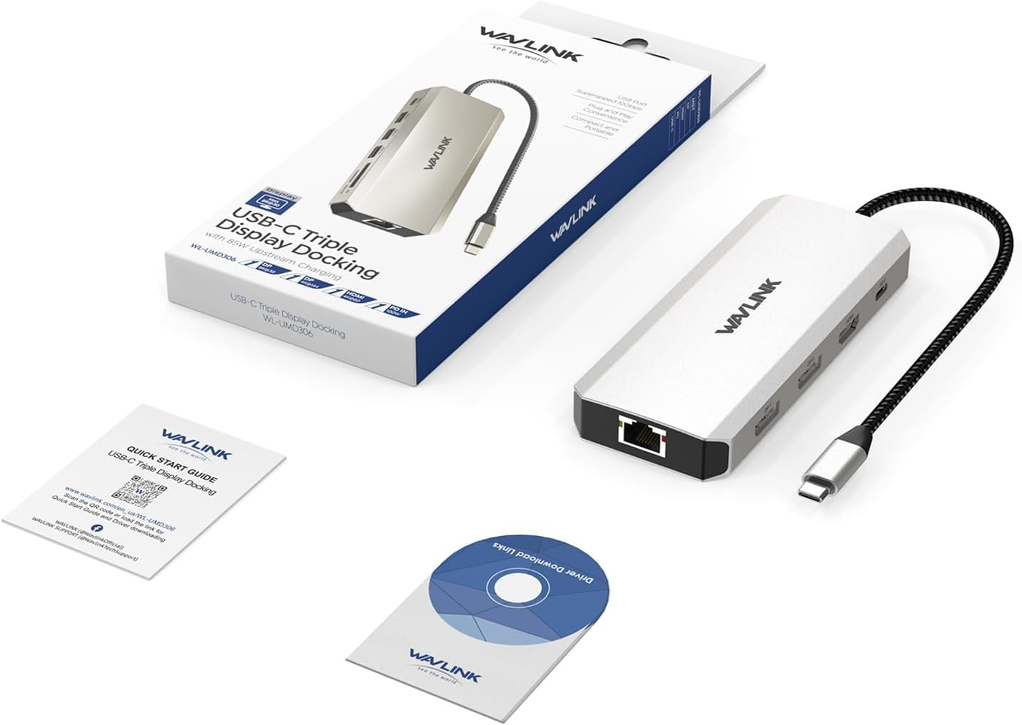 Stazione di docking Wavlink USB-C a triplo display con confezione, manuale e CD.