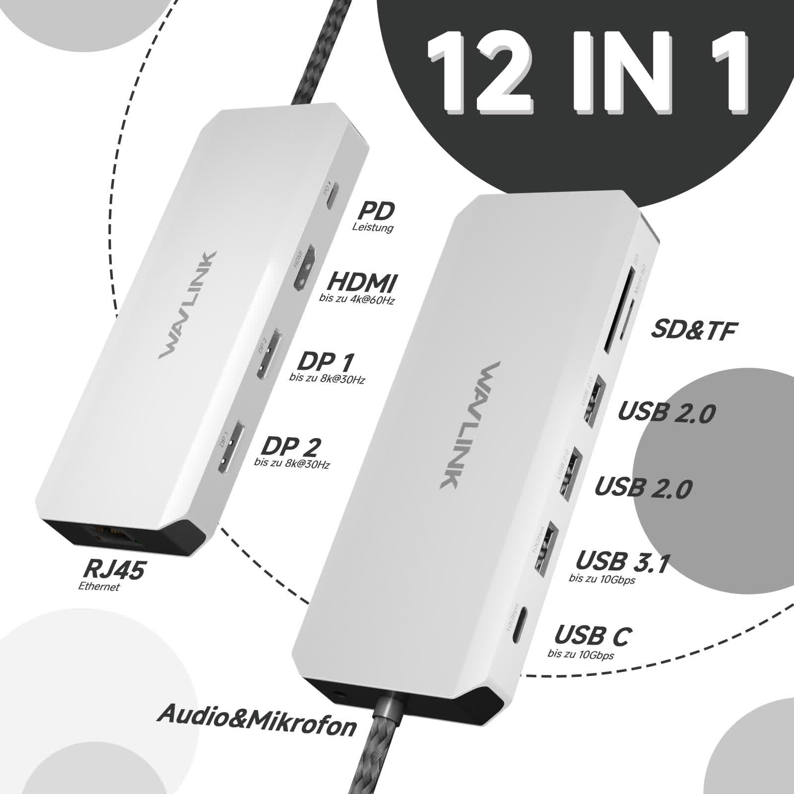 Hub USB-C Wavlink 12 in 1 argentato con varie porte tra cui HDMI, DP, USB e RJ45.