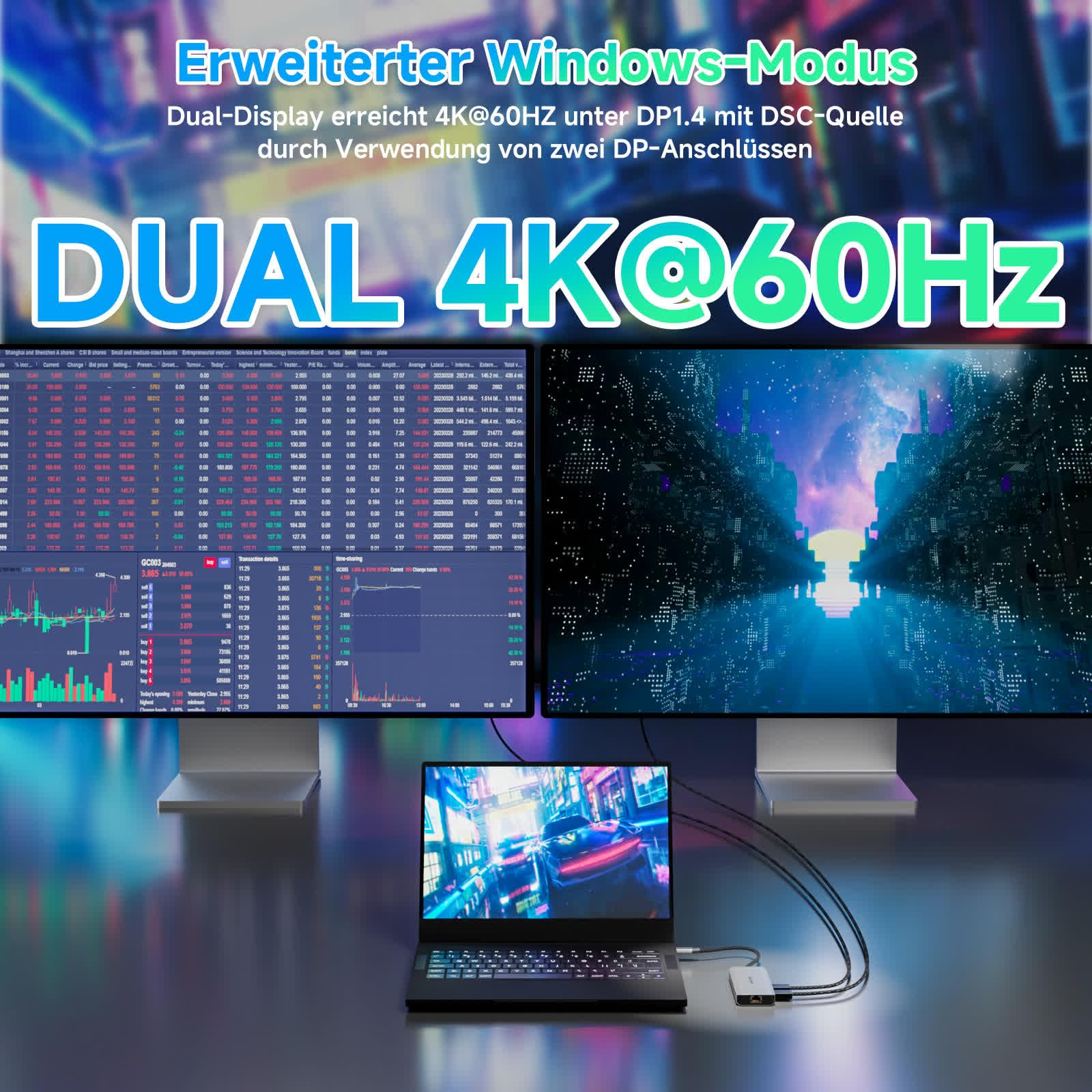 Un laptop è collegato a due monitor che mostrano dati di trading e un paesaggio urbano notturno.