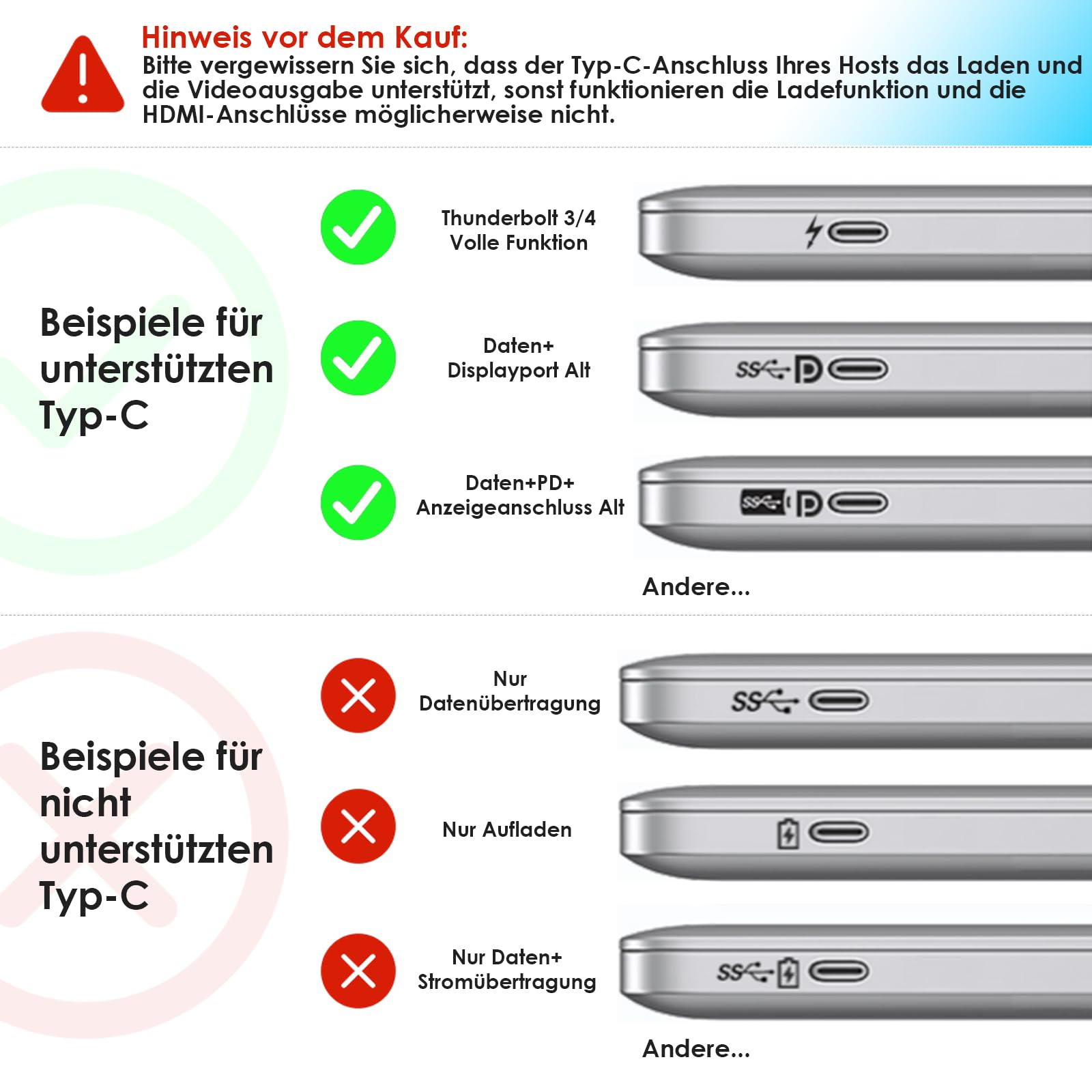 Guida alla compatibilità delle porte USB-C con icone per i tipi supportati e non.